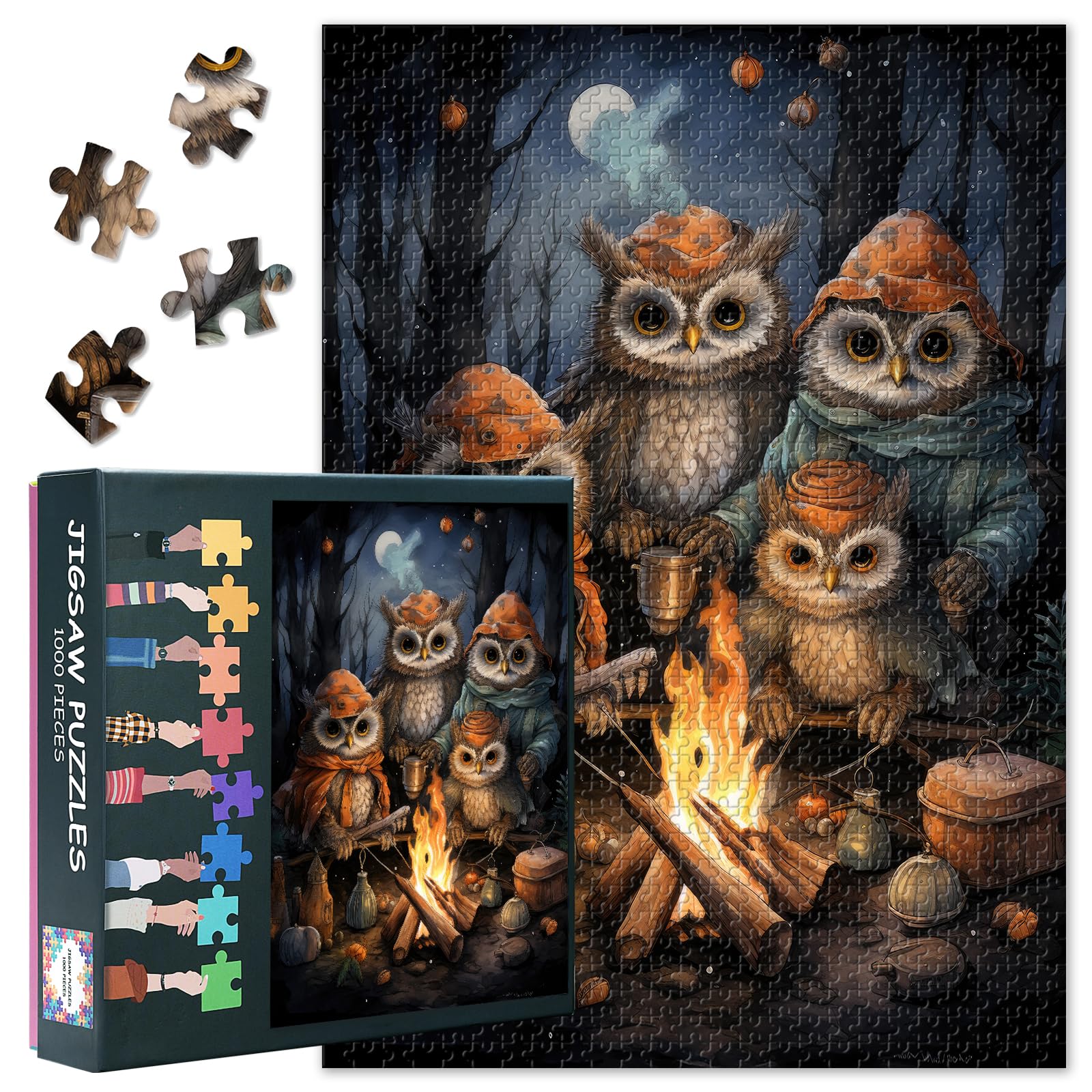 Animal Jigsaw Puzzles 1000 Pieces, Four Owls Sitting on a Campfire in the Forest at Night Puzzle for Adults 1000 Pieces