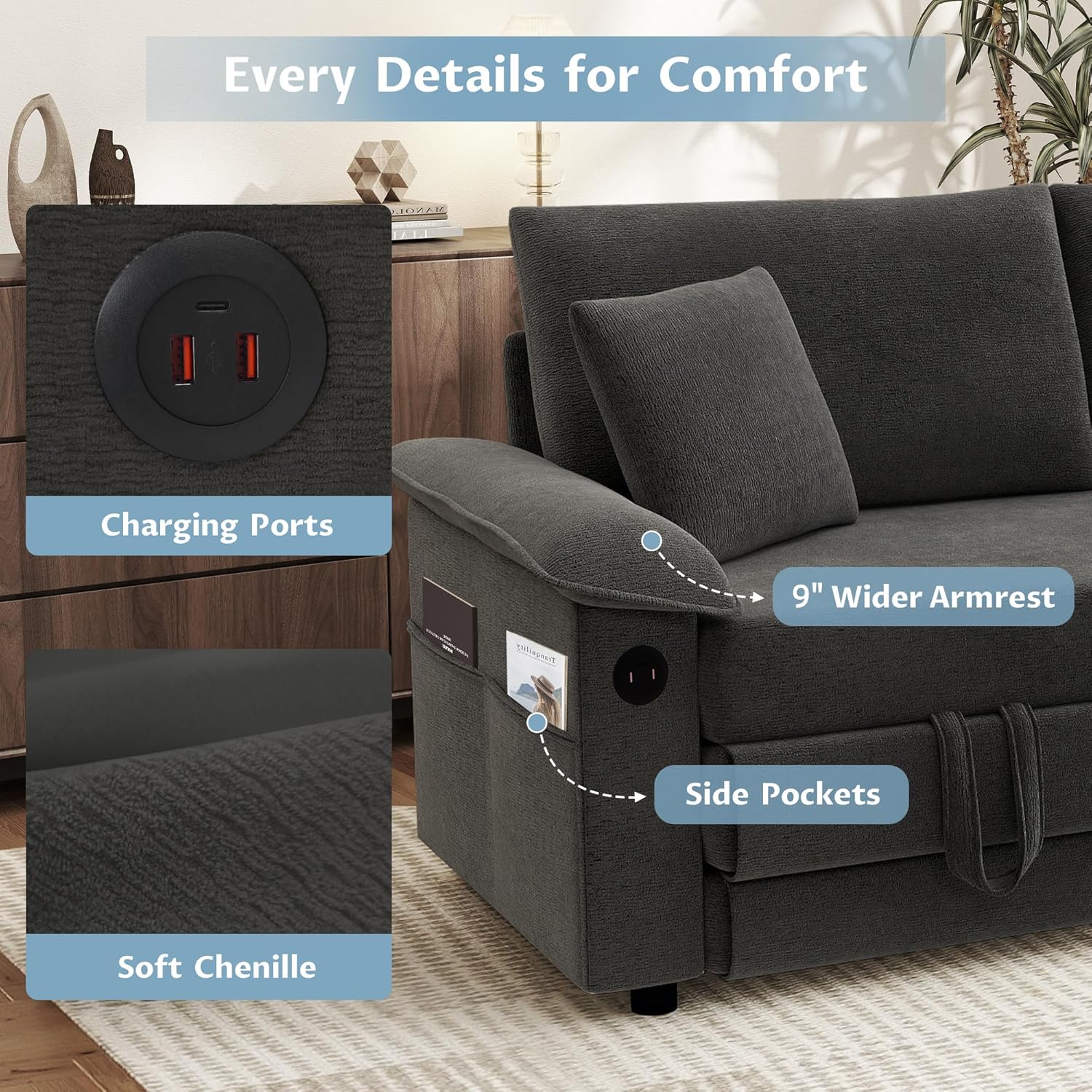 SUNWAVE 77" Sleeper Sofa Convertible Sofa Bed with USB Ports & Side Pockets, Chenille Loveseat Pull Out Couch with Full Size Sleeping Area, Folding Sofa Bed for Living Room & Small Spaces (Black)