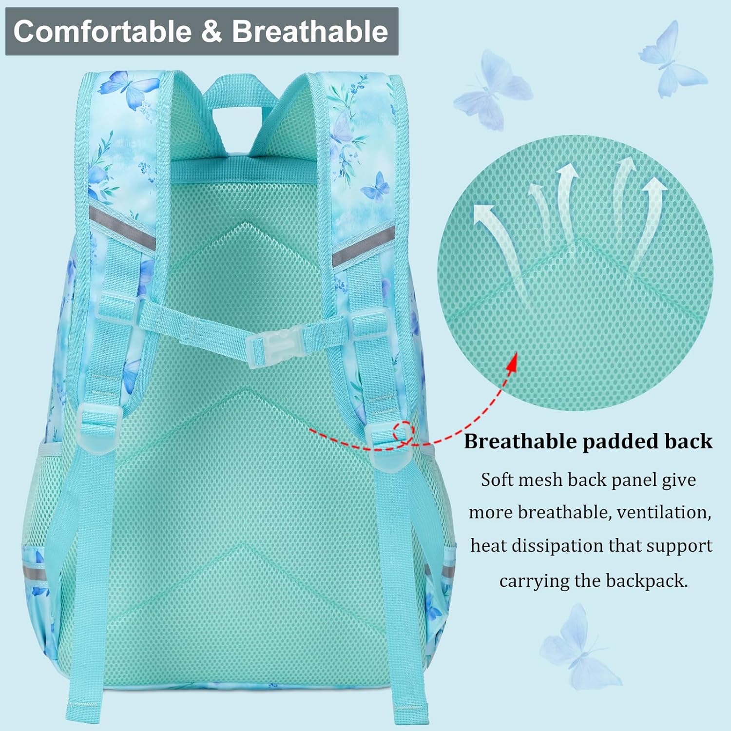 DSIUE Kids Backpack for Girls Elementary BookBags Teens Middle School Backpack with Lunch Box (Butterfly Green) - Image 6