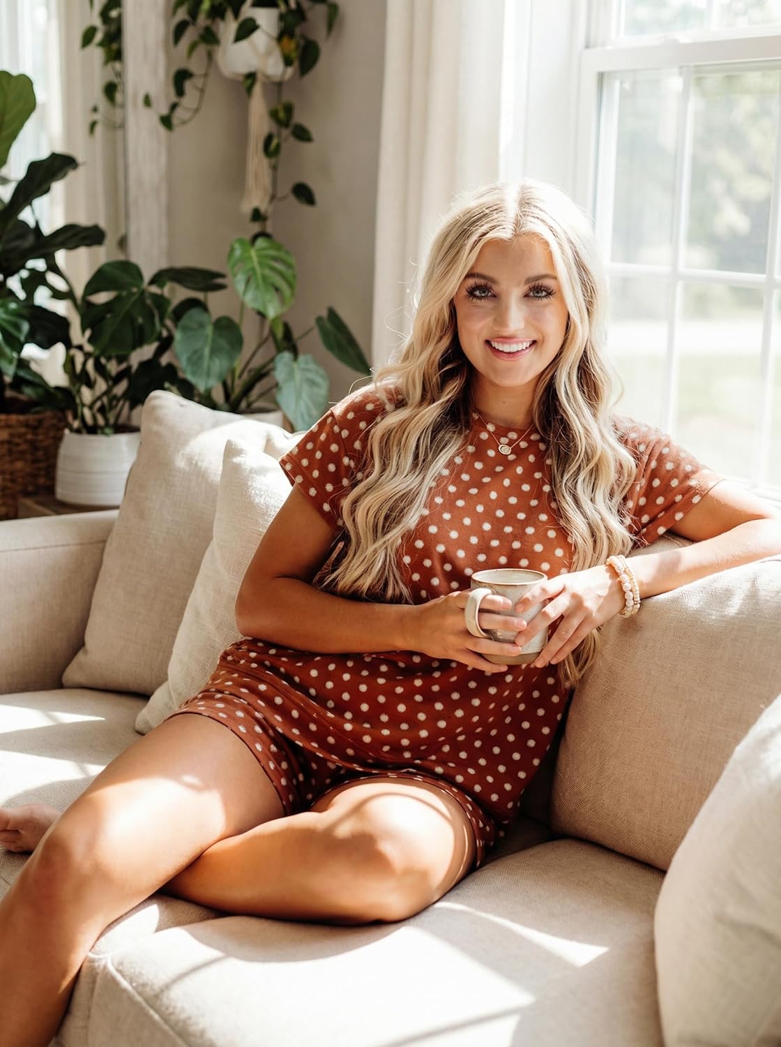 KevaMolly Womens Summer Lounge Sets Polka Dot Print Short Set Short Sleeve Round Neck Loose Fit Two Piece Sets - Image 4