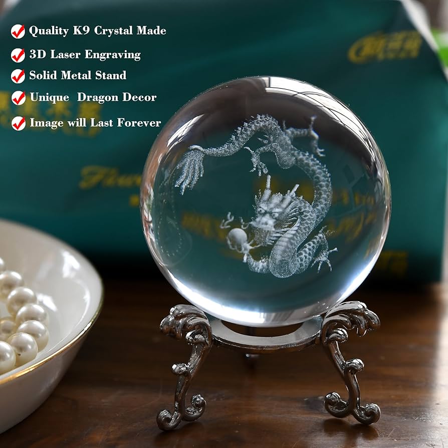 【中国美術】布袋尊・龍／天球・多層球 Amazon.com: 3D 龍水晶球附支架中國龍雕像裝飾玻璃球體紙質禮物