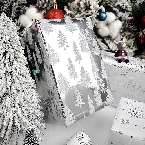 Miniatura 6 de LDGOOAEL Mini rollo pequeño de papel de regalo de Navidad con líneas de corte en el reverso (17 x 120 pulgadas por rollo), copos de nieve plateados