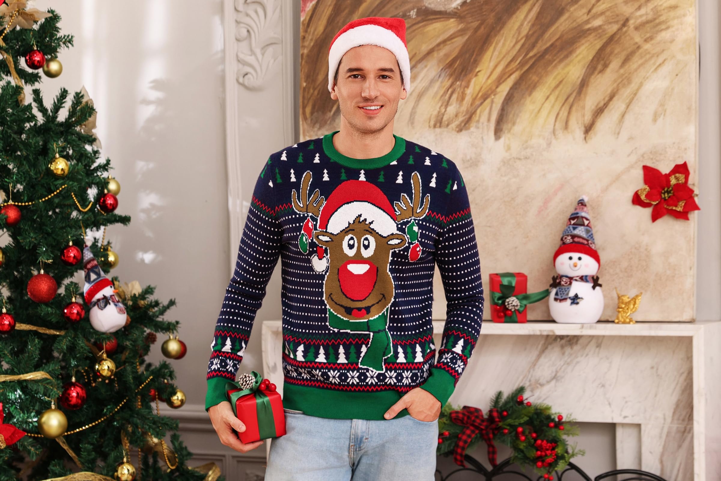 Suéter Navidad Hombre Jerseys de Invierno de Cuello Redondo Suéter de Reno Jerseys Navidad Suave de Manga Larga