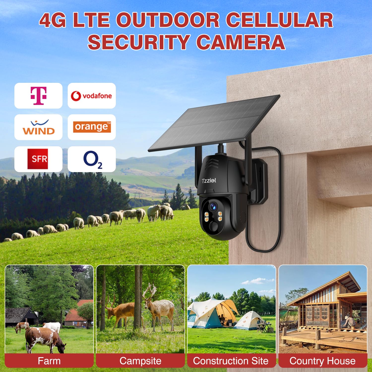 4G Telecamera Esterno con SIM e pannello solare,2K Telecamere Batterie Senza Fili,2K 360 PTZ telecamera senza wifi con Pannello Solare e Batterie, Visione Notturna, PIR Rilevamento, IP66