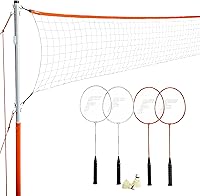 Franklin Sports Badminton Set - Portable Outdoor Net + 4 Steel Rackets + 2 Birdies - Backyard Beach Fun for Kids & Adults