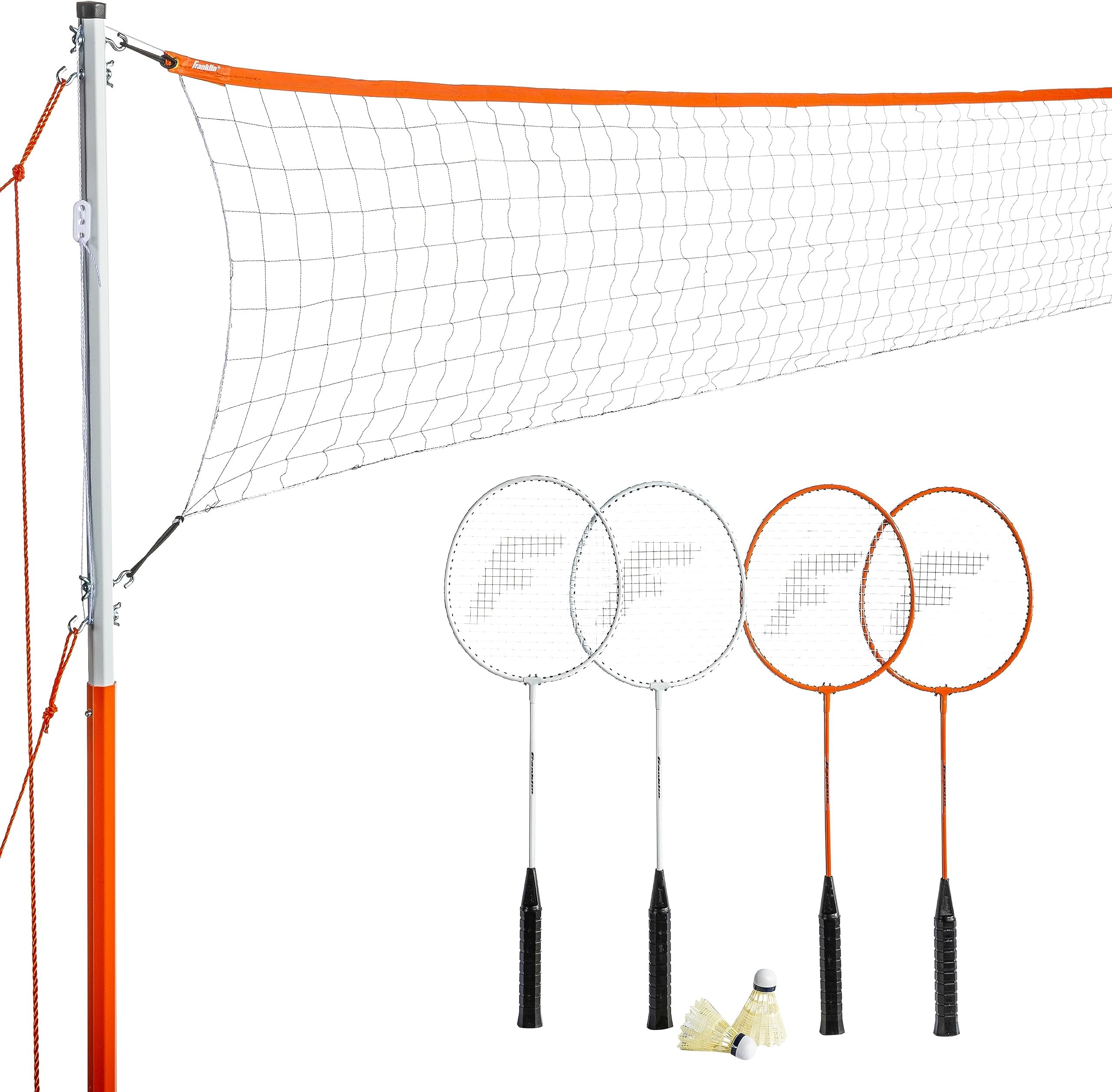 Franklin Sports Badminton Net Sets - Outdoor Backyard + Beach Badminton Net + Equipment Set - (4) Rackets + (2) Birdies + Portable Net Included - Adults + Kids Set