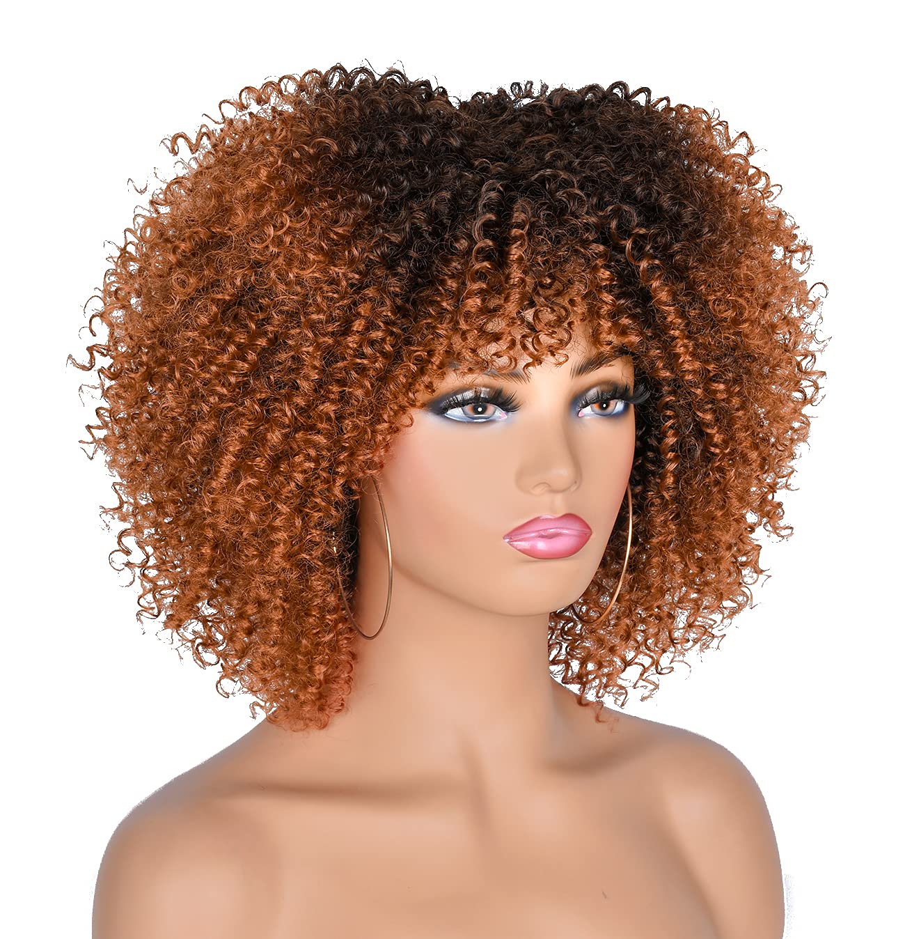 CoCrowns 10Inch Short Curly Afro Wigs with Bangs Bomb Afro Kinky Curly Wig for Black Women Synthetic Fiber Full Wig (Ombre Brown) - Image 4