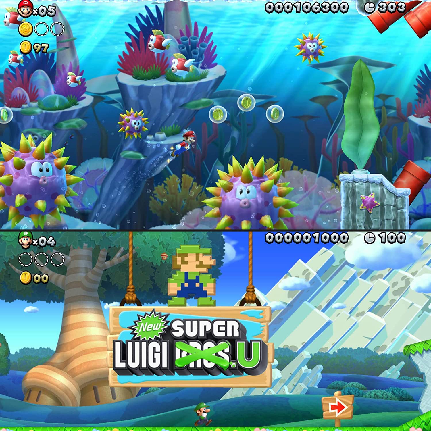 Super Mario Bros. U Deluxe per Nintendo Switch (versione USA), con impugnature PremGear (confezione da 8 - nero, blu, rosso e trasparente), porta carte da gioco a 24 slot e panno di pulizia