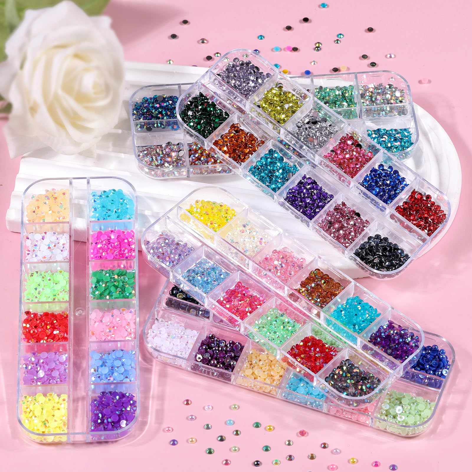 5 cajas de 7200 piezas de diamantes de imitación de cristal brillante, con parte trasera plana, gemas de sirena AB multicolor transparentes con bolígrafo recogedor y pinzas curvadas para salón de 5
