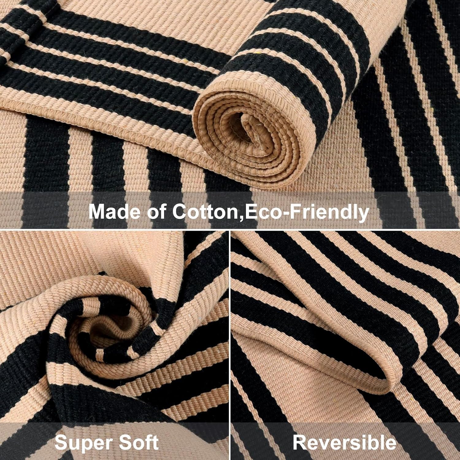 Black and Tan Striped Outdoor Rug, 2'x3' Cotton Modern Hand-Woven Reversible Front Porch Rug Door Mat Welcome Layered Doormat Washable Indoor Carpet for Farmhouse Laundry Room Bathroom