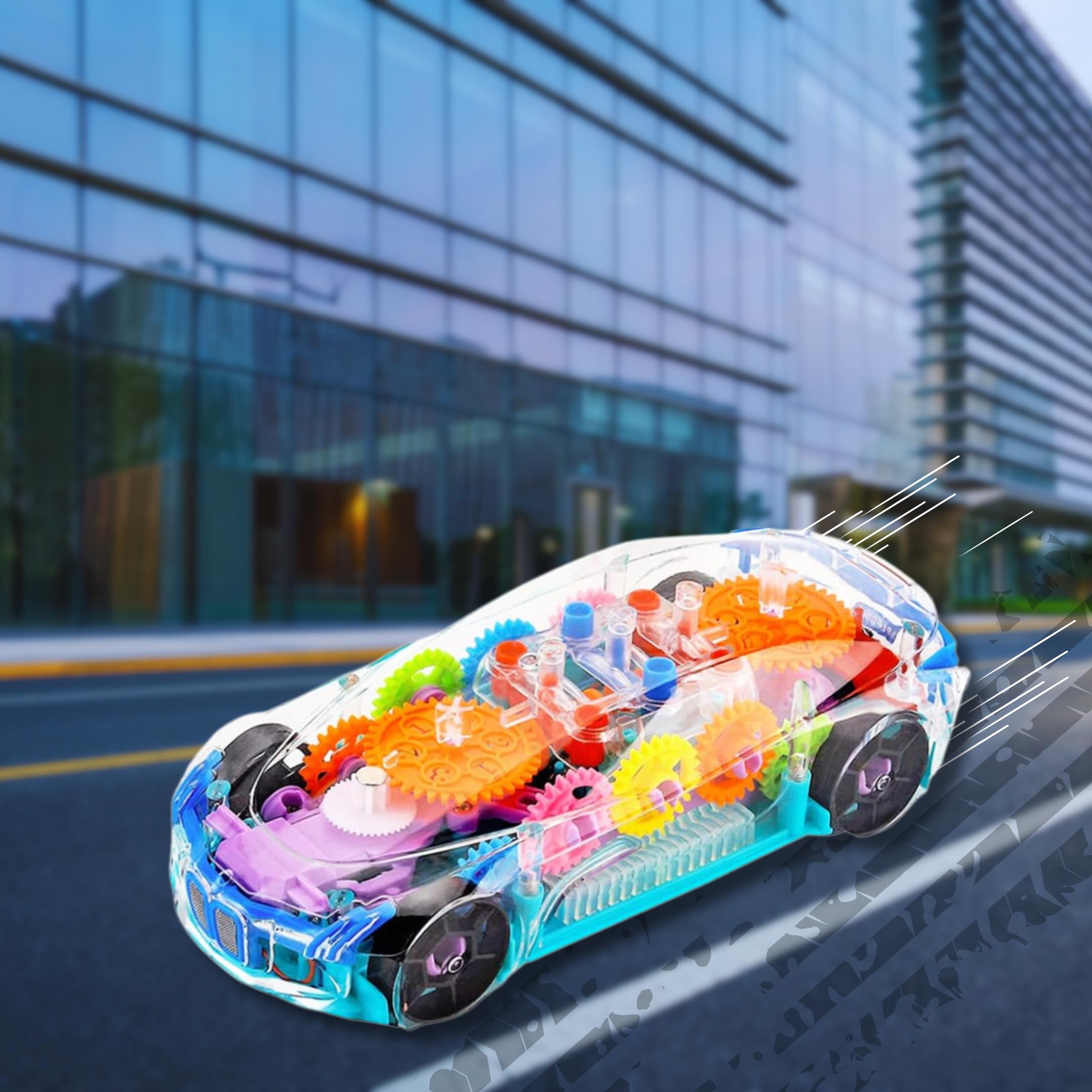 PlayMagic Transparent Mechanical Toy Car|360° Auto Rotating Sensor Car|Gear Machine Vehicle with Multicolor LED Light & Music|Battery Operated|Birthday & Return Gift for Boys & Girls 3+|Made in India