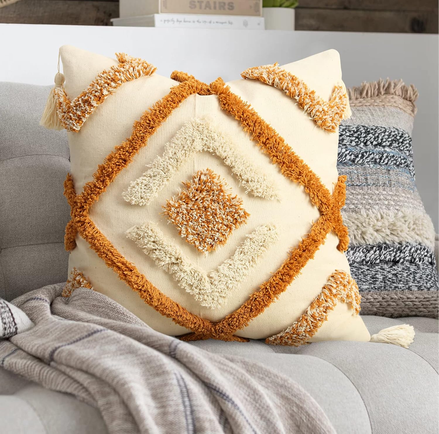 Pyonic Boho Throw Pillow Covers 18x18 Woven Tufted Decorative Pillow Covers with Tassel,CR-Orange-a