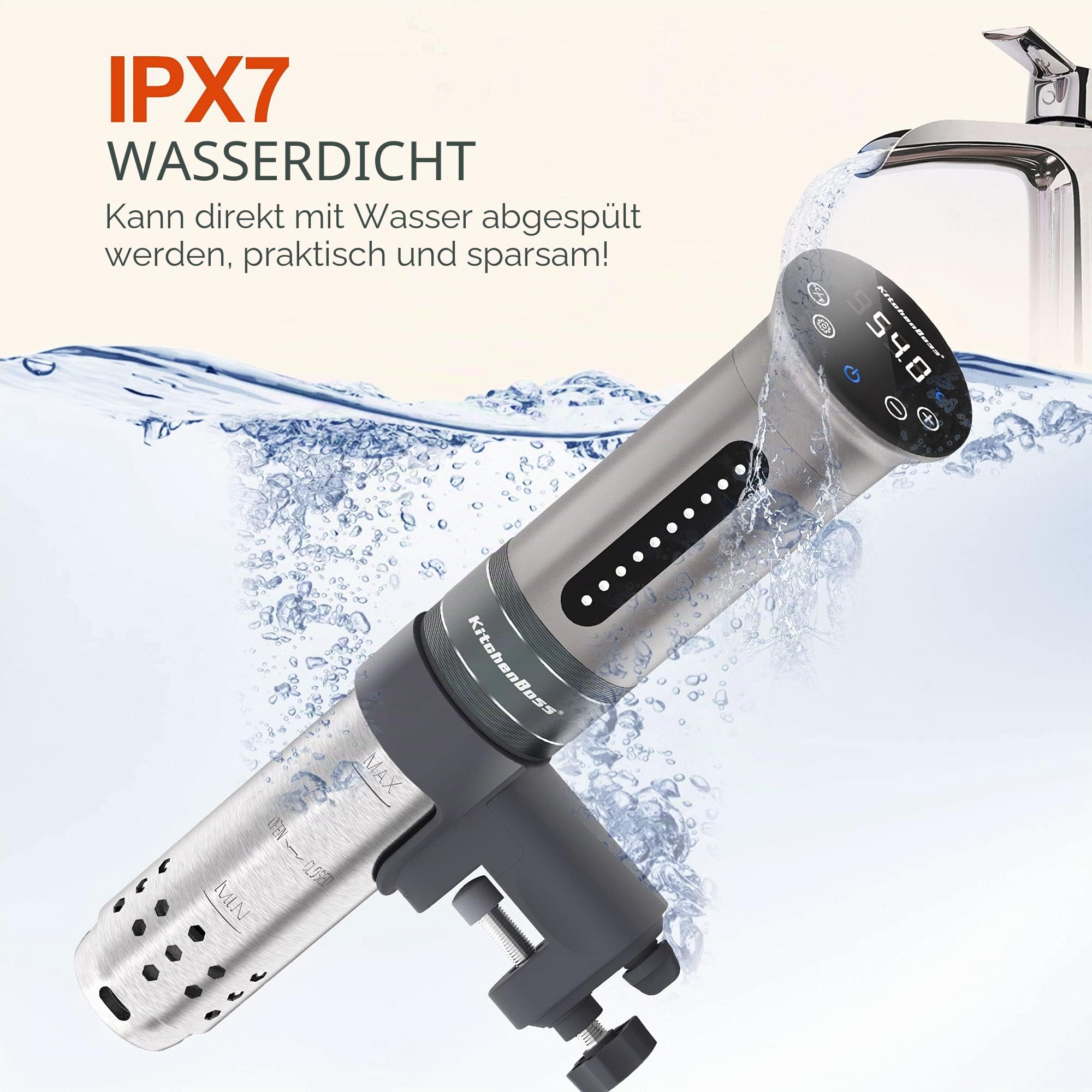 KitchenBoss Sous Vide Roner Küche mit niedriger Temperatur Slow Cooker Professioneller Thermozirkulator IPX7 wasserdicht, Timer mit Touchscreen, silber