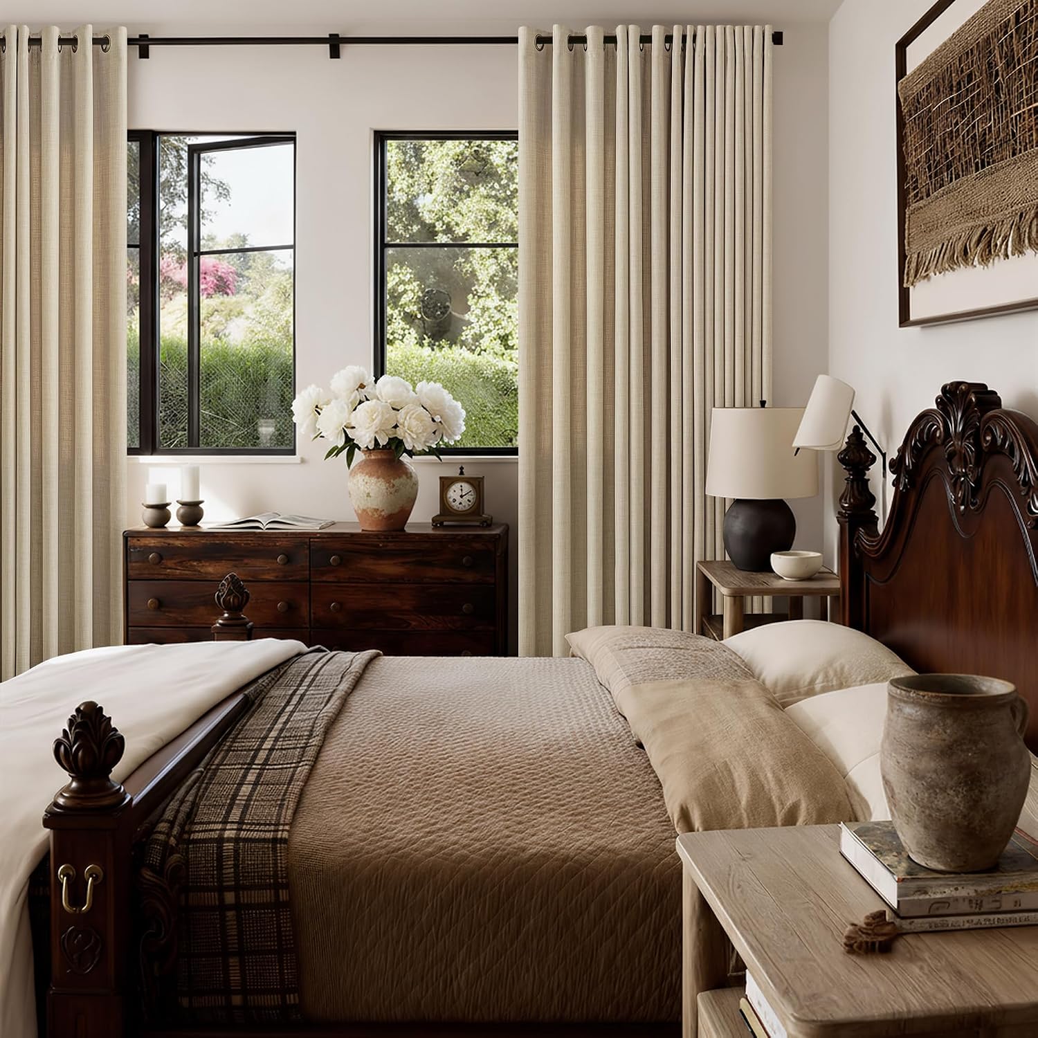 Oatmeal Curtains 90 Inches Long for Bedroom 2 Panels Set Grommet Rustic Farmhouse Burlap Drapes Light Filtering Non-See-Through Sand Beige Thick Linen Curtain for Living Room 90 Inch Length 52x90