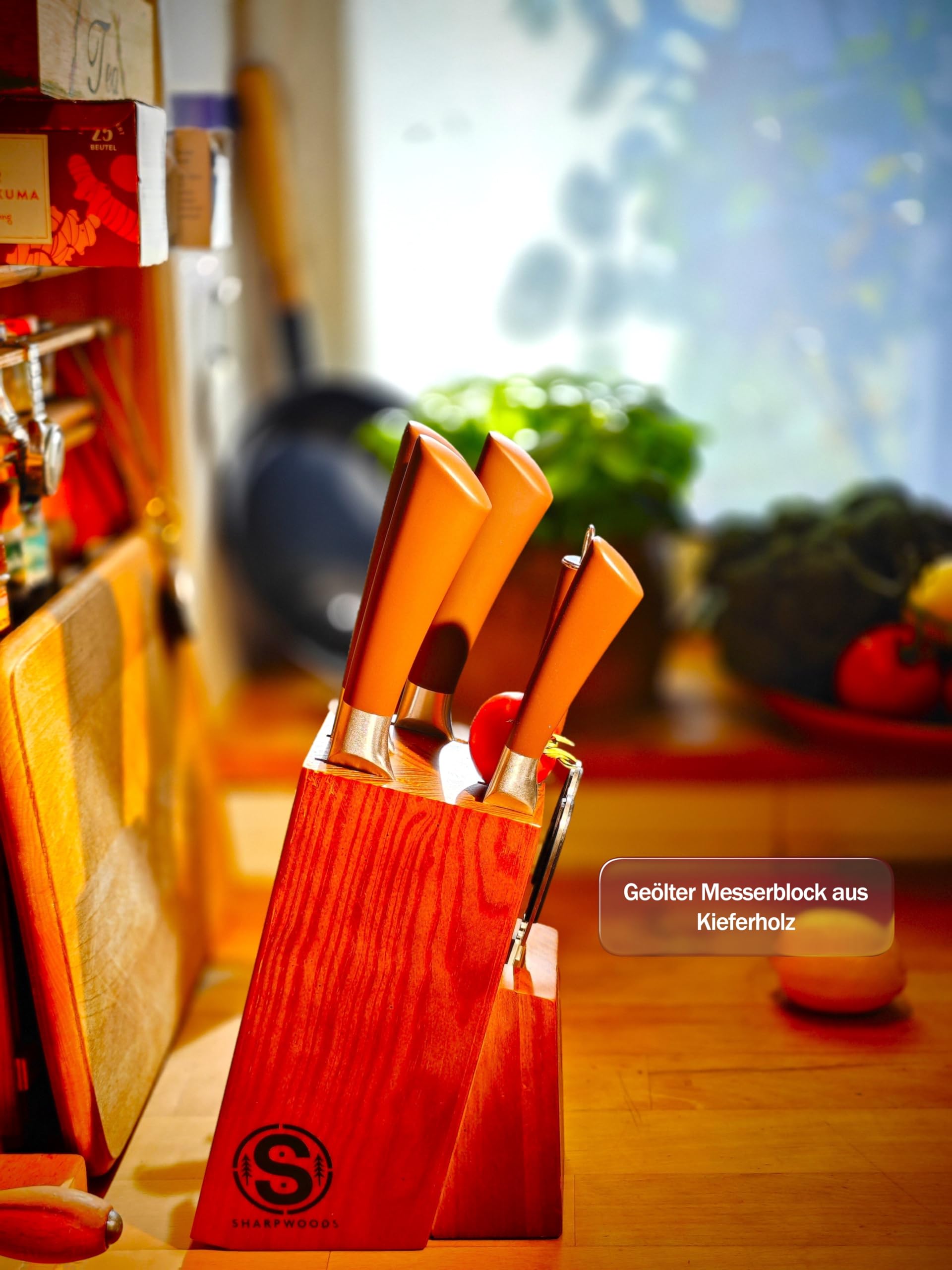 Sharpwoods Premium Messerset, 8-Teilig, Holzblock aus Kiefer, Edelstahlklingen mit Küchenschere und Wetzstahl, Ergonomische Griffe (Braun)
