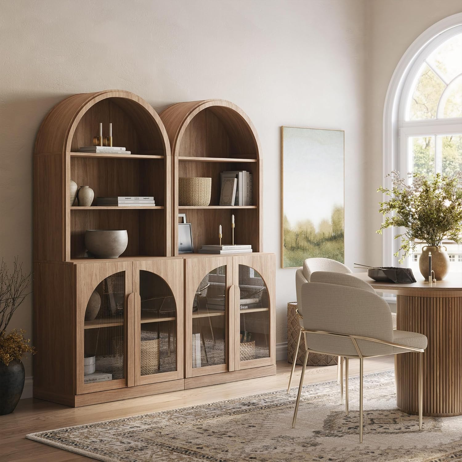 BELLEZE Arched Bookshelf with Glass Doors Set of 2, 71" Tall Wood Display Cabinet with Adjustable Shelf and Hutch, 5 Tier Modern Bookcase Shelf with Storage for Living Room Office, Camel