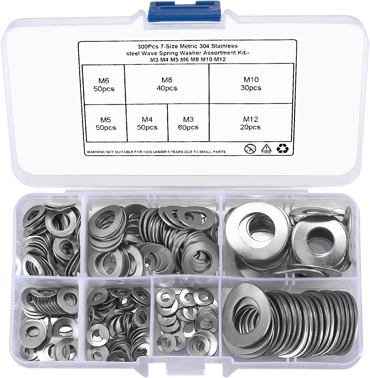 Wave Spring Washers, 300 Pcs 304 Stainless Steel Curved Spring Washers, Wave Washers Springs Gaskets Assortment Kit, Metric M3/M4/M5/M6/M8/M10/M12