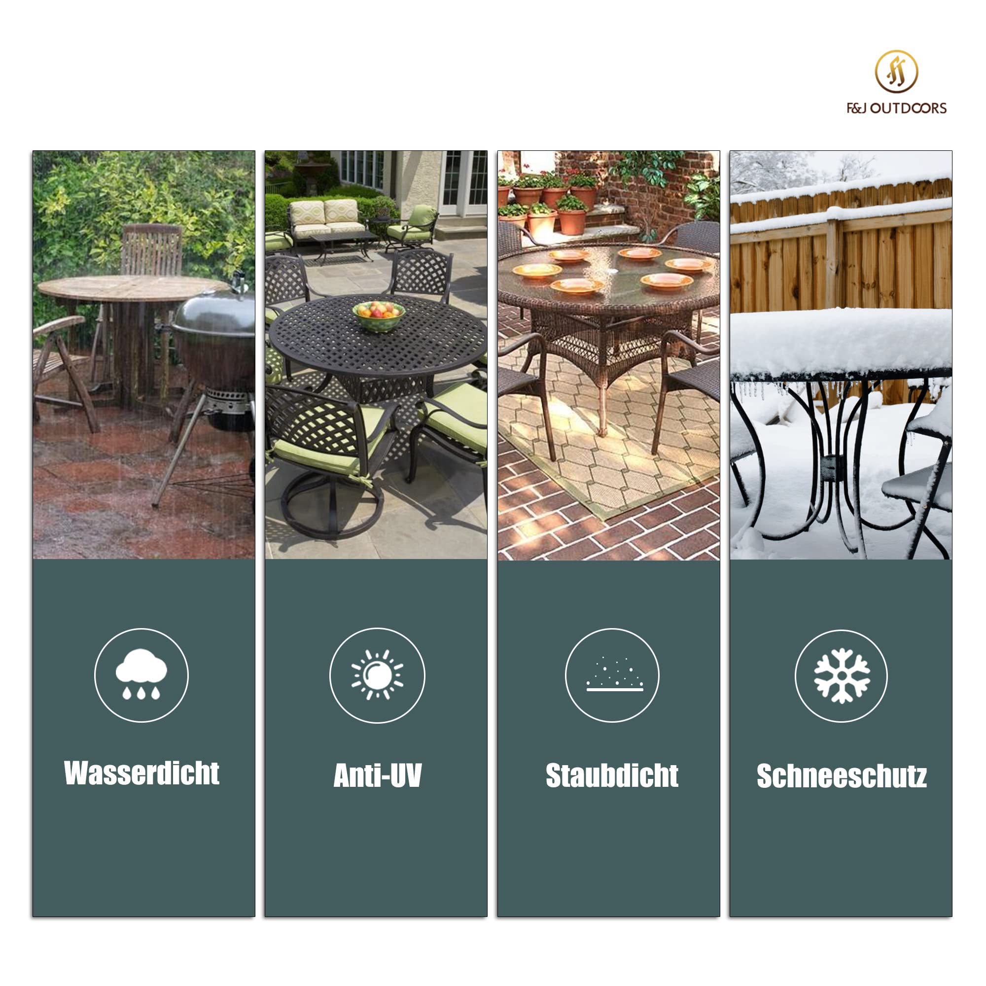 F&J Outdoors Funda Protectora para Mesas de Jardín, Impermeable Robusta, Resistente al Desgarro, Protección contra Nieve y UV, Redonda, Resistente al Clima de Verano e Invierno 128x71cm Gris
