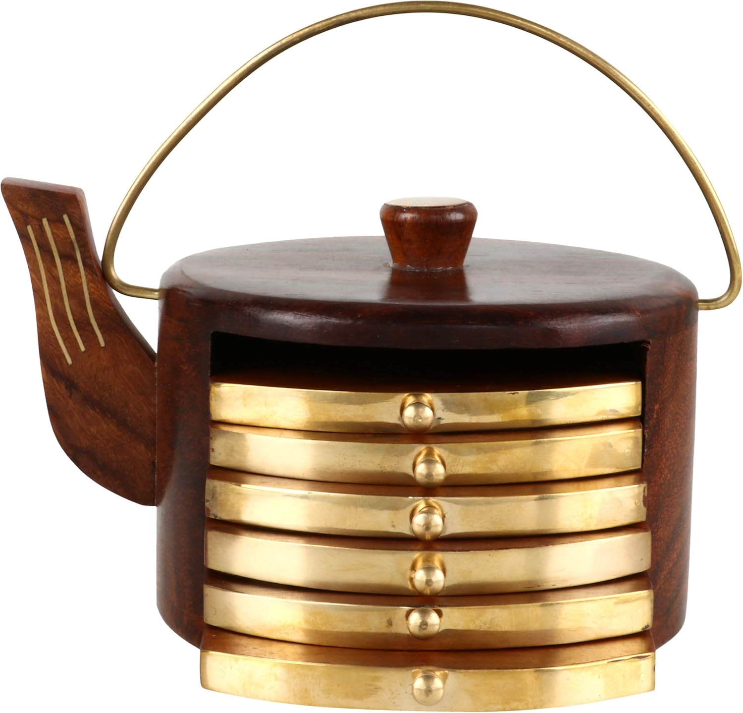 Wooden Kettle Shape Drink Coasters Wood Table Coaster Set of 6 for Tea Cups Coffee Mugs Beer Cans Bar Tumblers and Water Glasses (Kettle Shape)