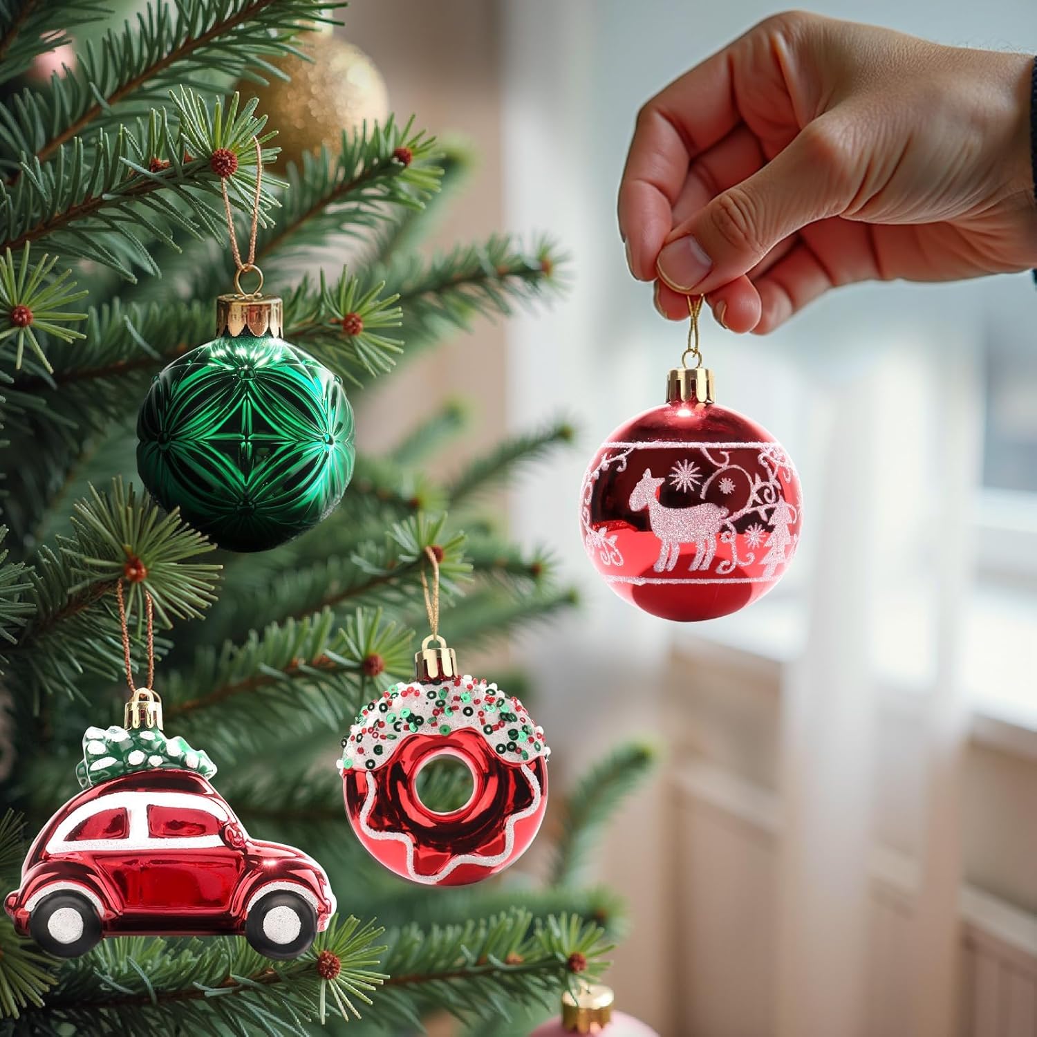 DeckTheHalls 72 Pcs Christmas Ball Ornaments, Christmas Tree Colorful Shatterproof Plastic Hanging Ornaments for Holiday, Wedding, Party Decoration with Strings, Car Snowflake Candy Cane Donut Designs