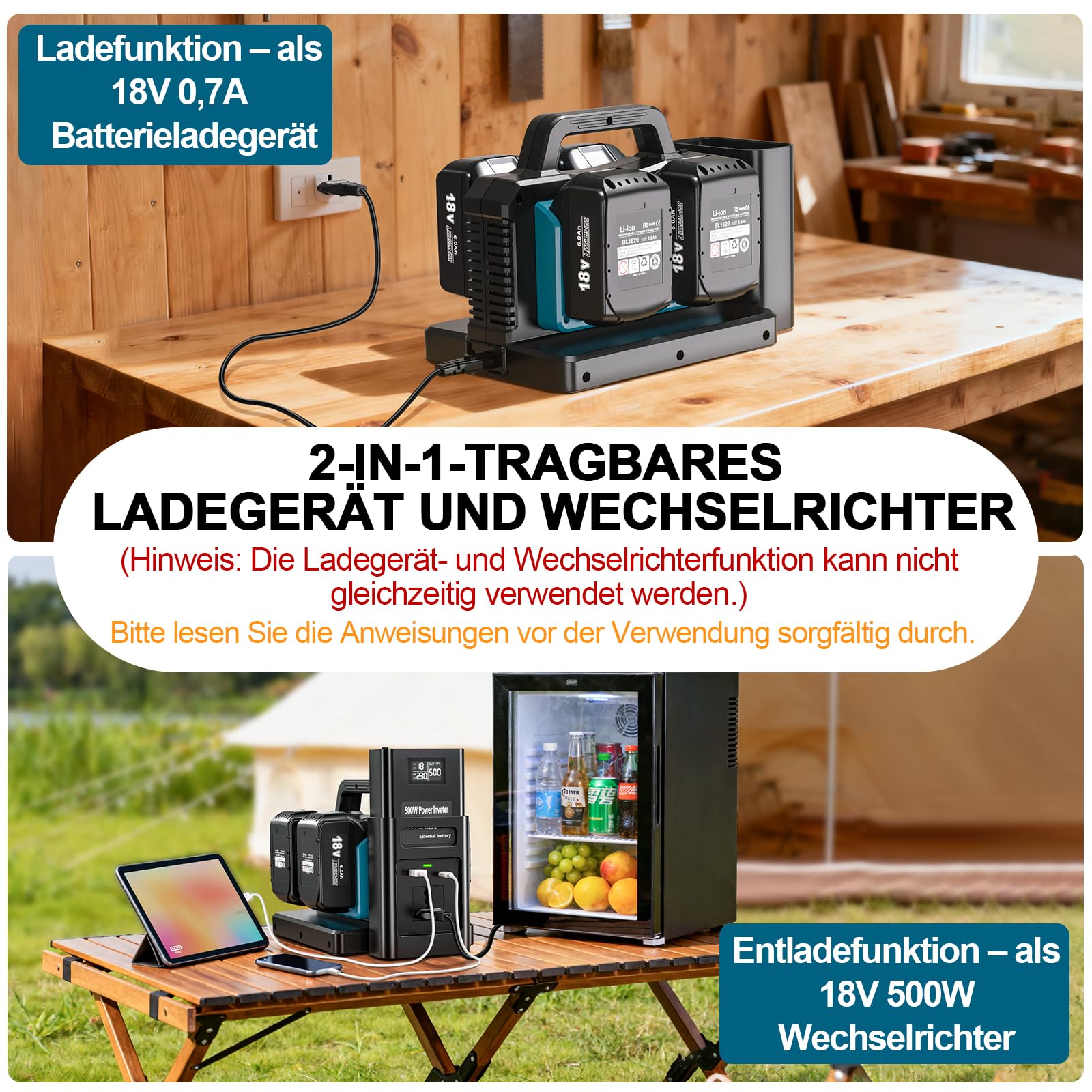 Inverter da 500 W per batteria MT 18 V, DC 18 V a AC 230 V, convertitore di tensione sinusoidale puro, 4 porte con connettore USB-A e USB-C per camper, campeggio