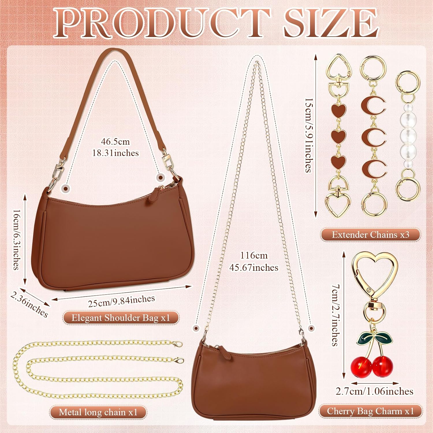 Abbylike 6 Pcs Shoulder Bag for Women with 3 Extender Chain Cherry Charm Small Leather Purse Handbag Tote Kit Birthday Gift
