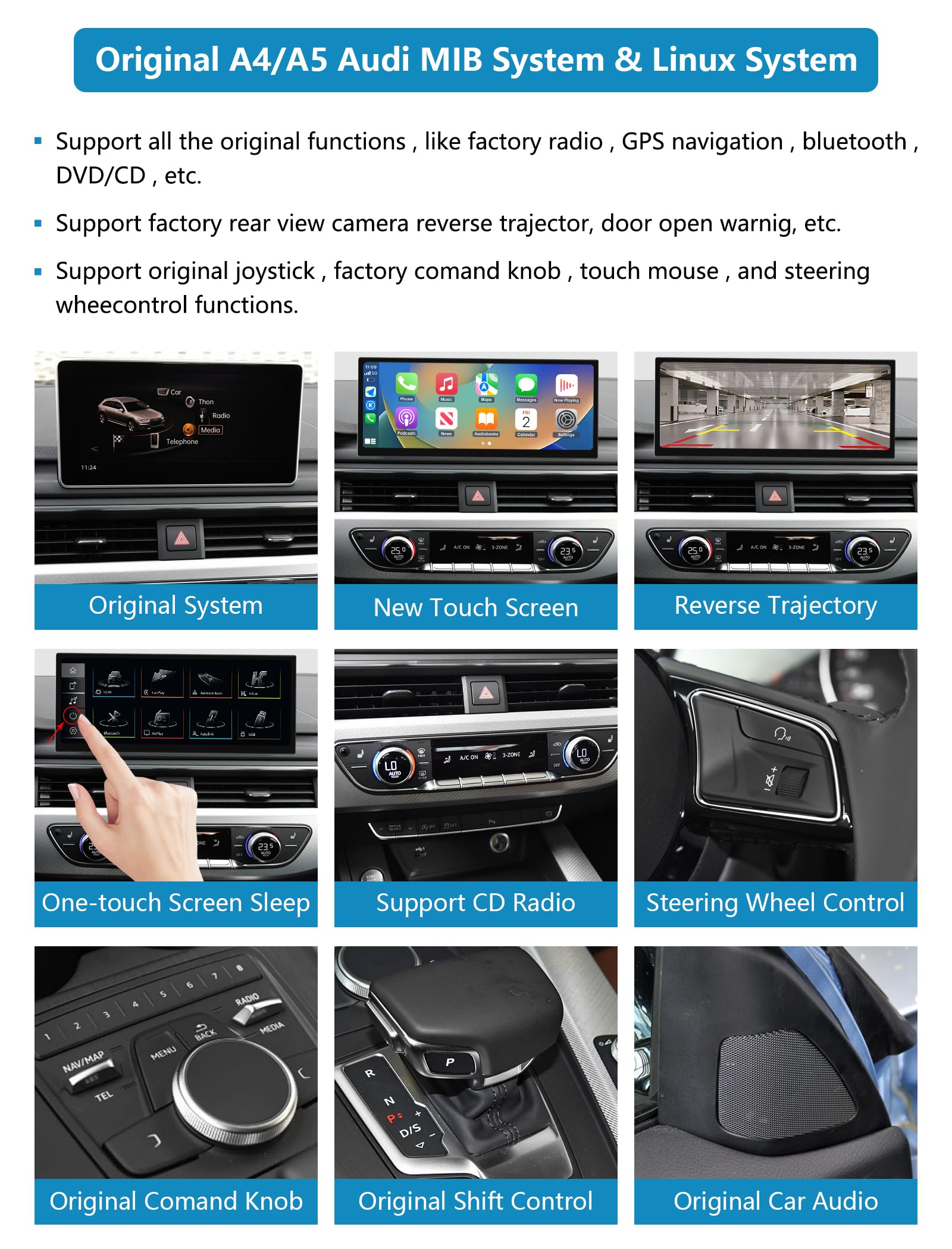 Autoradio 12,3'', Apple CarPlay/Android Auto/Mirrorlink/GPS per Audi A4 A5 2016-2019 con sistema MIB, supporta Mirrorlink, telecamera, navigazione, Siri, musica