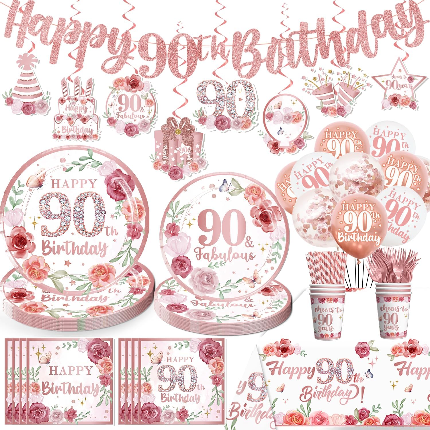 Amazon.com: 175pcs 90th Birthday Decorations Tableware Set for Women