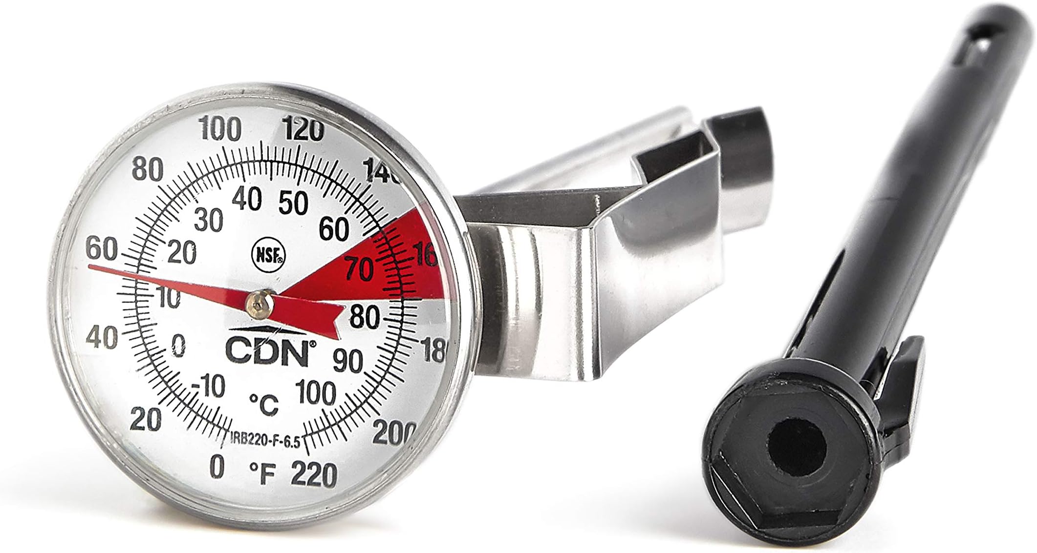 CDN ProAccurate® Instant Read Beverage Frothing Thermometer with Clip for Precise Temperature Measurement, 6.5" Stainless Steel Stem, Easy to Read Display, Black Case (IRB220-F-6.5)