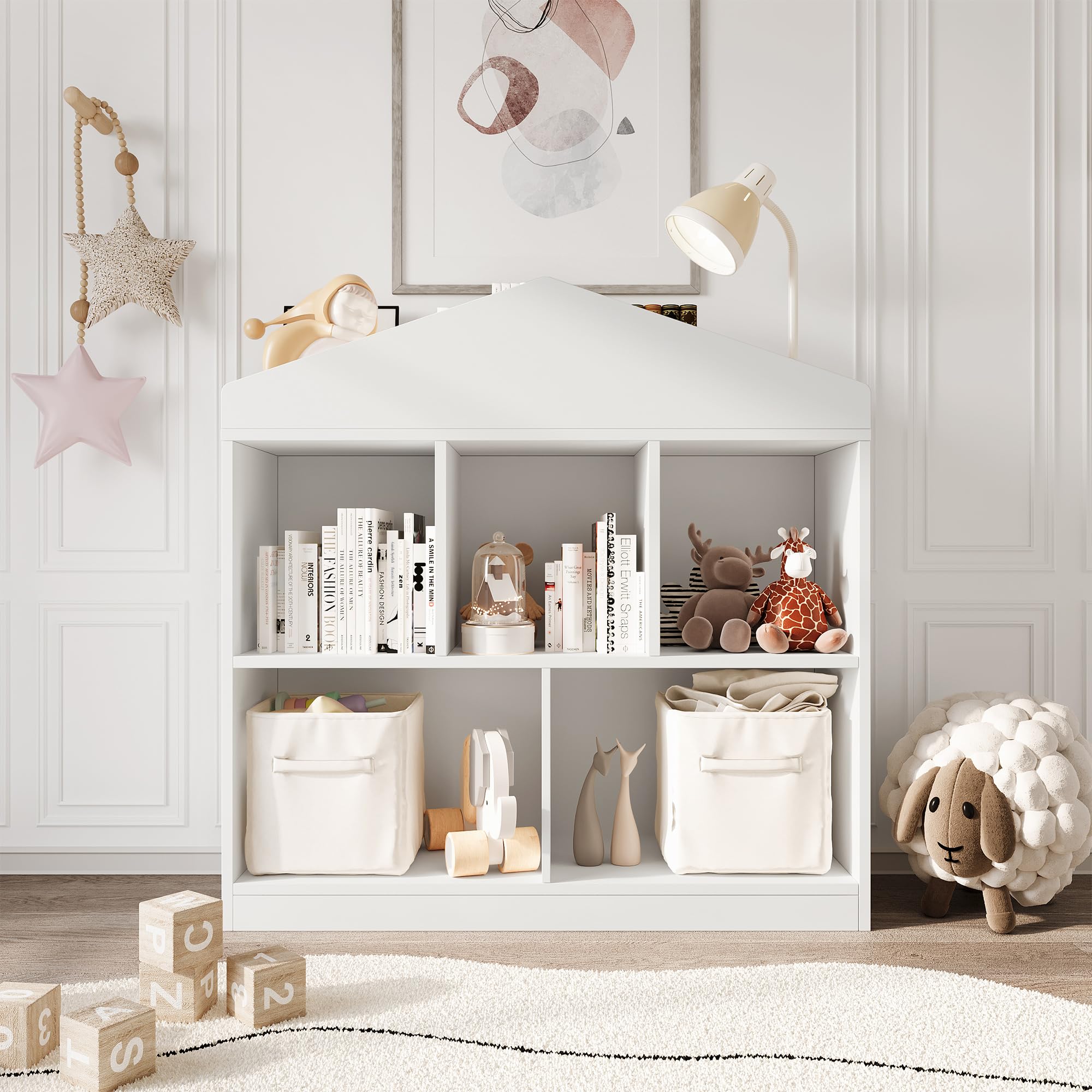 GarveeHome Estantería Infantil Blanca de Madera con 5 Compartimentos y Techo - Organizador Moderno para Libros y Juguetes Habitaciones Infantiles, aulas y Salas de Juegos - Blanco