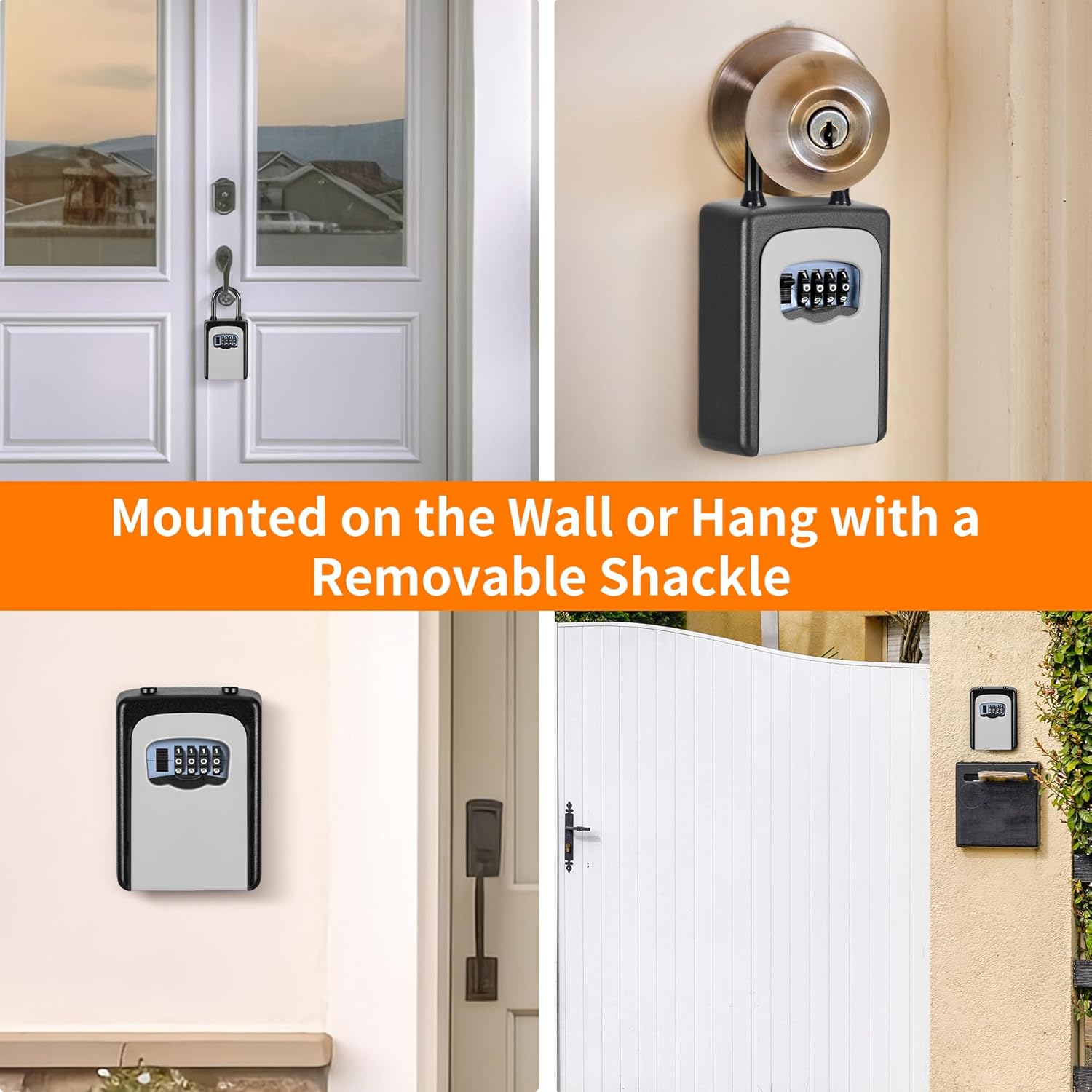 Portable Key Lock Box, Upgrade Clearly Visible Numbers, Lock Box Wall Mounted for House Key, 5 Key Capacity, Weatherproof Resettable Code (4 Pack, Grey)