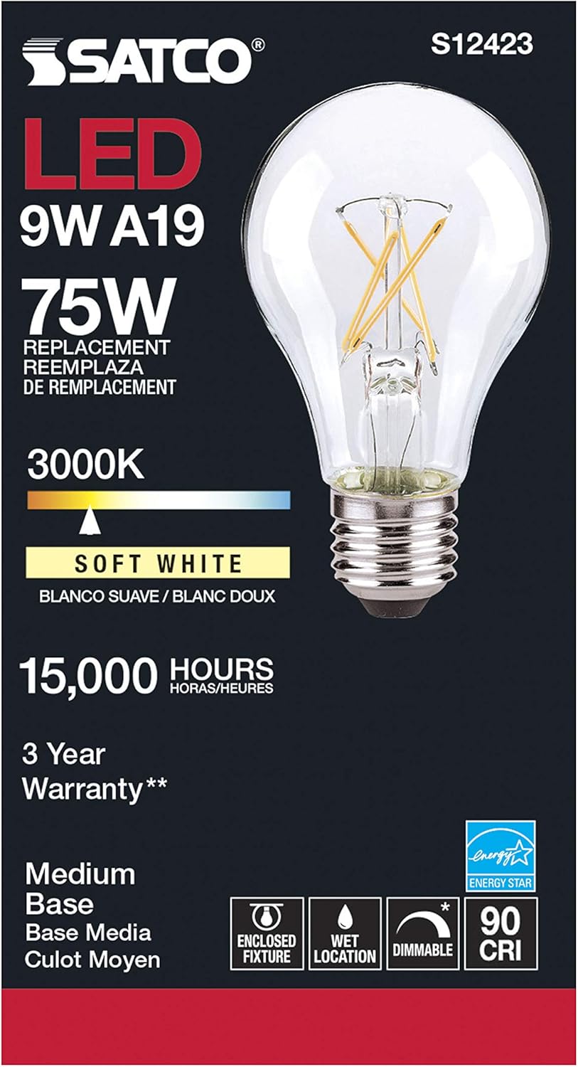 Satco (6 Pack) Dimmable Led Filament Lamps, S12423, High Lumens, 10.5 Watt, A19; Clear; Medium Base; 3000K; 90 CRI; 120 Volt for use at Residential, Hospitality, Display and Commercial