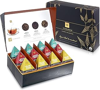 Teabloom Classic Black Teas – Organic Assortment with 12 Plant-Based Pyramid Sachets, Earl Grey, Darjeeling & English Breakfast, Elegant Presentation Box for Tea Enthusiasts