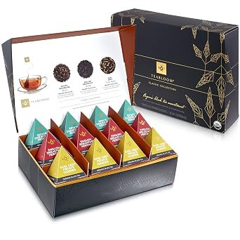 Teabloom Classic Black Teas Organic Assortment with 12 Plant-Based Pyramid Sachets, Earl Grey, Darjeeling & English Breakfast, Elegant Presentation Box for Tea Enthusiasts