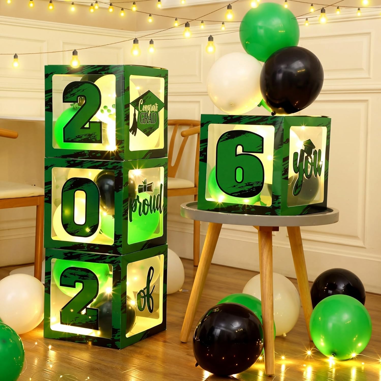 Woanger 44 PCS Graduation 2026 Box Decoration - Congrats Grad Party Box Set with LED Light Strings & Balloon Proud of You Party Supplies for Class of 2026 School College(Green)