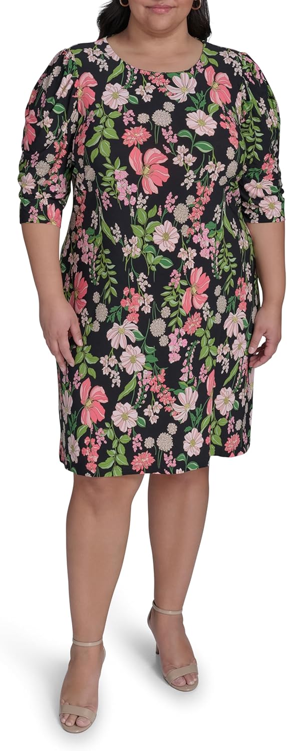 Tommy Hilfiger Womens Short Ruched Sleeve Boat Neck Shift Mini Dress - Image 2