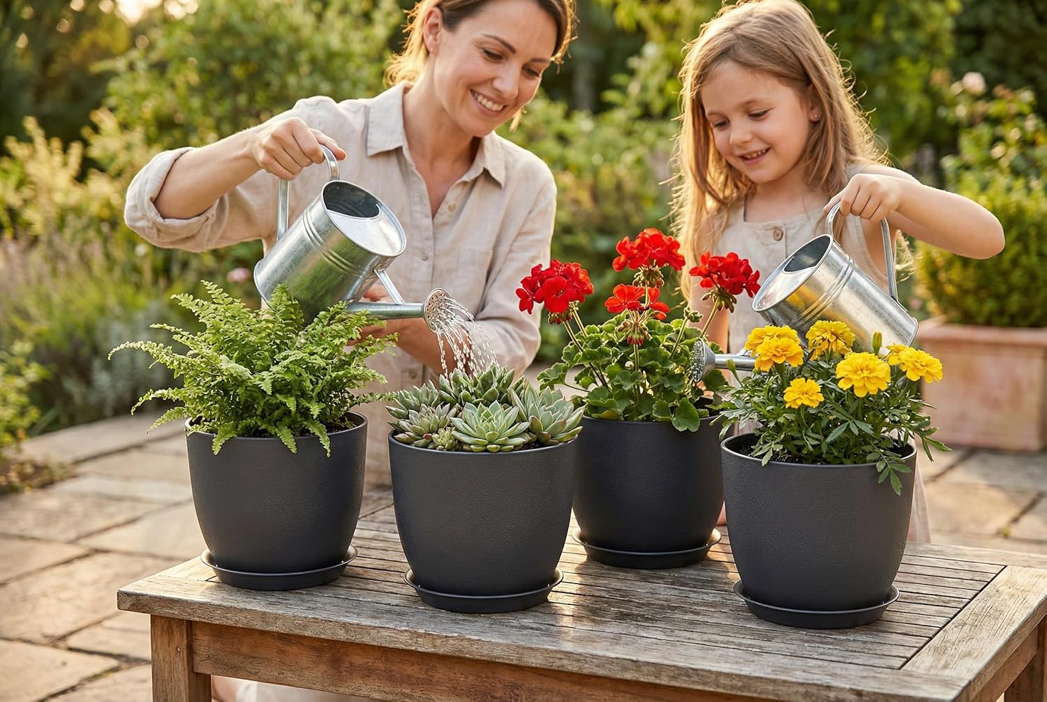 8 Inch Plant Pots Set of 4, Plastic Planters with Drainage Holes and Tray, Flower Pots for Indoor Outdoor Plants and Flowers (Black)