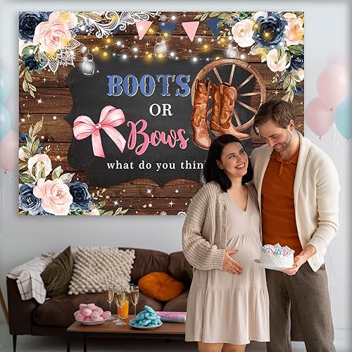 Miniatura 2 de Mocsicka Fondo para revelación de género, botas o lazos, de madera rústica, floral, decoración de fiesta de baby shower, fondo de revelación de