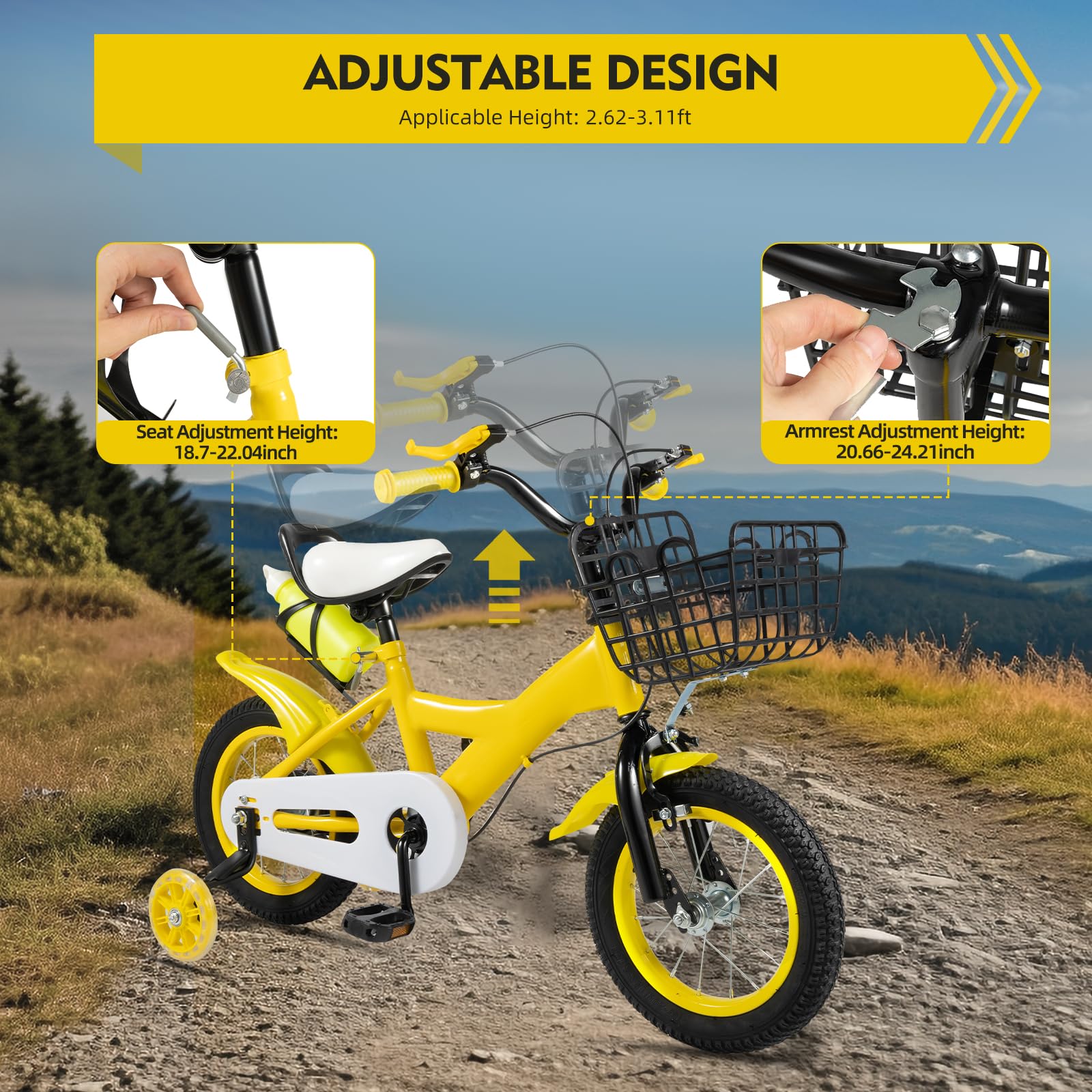Vélo pour Enfant De 12 Pouces, Roulette Velo Enfant Et Panier, Siège Réglable en Hauteur, Applicable 50 Kg Cadre Robuste en Vélos pour Enfants pour Garçons Et Filles À Partir De 2-4 Ans