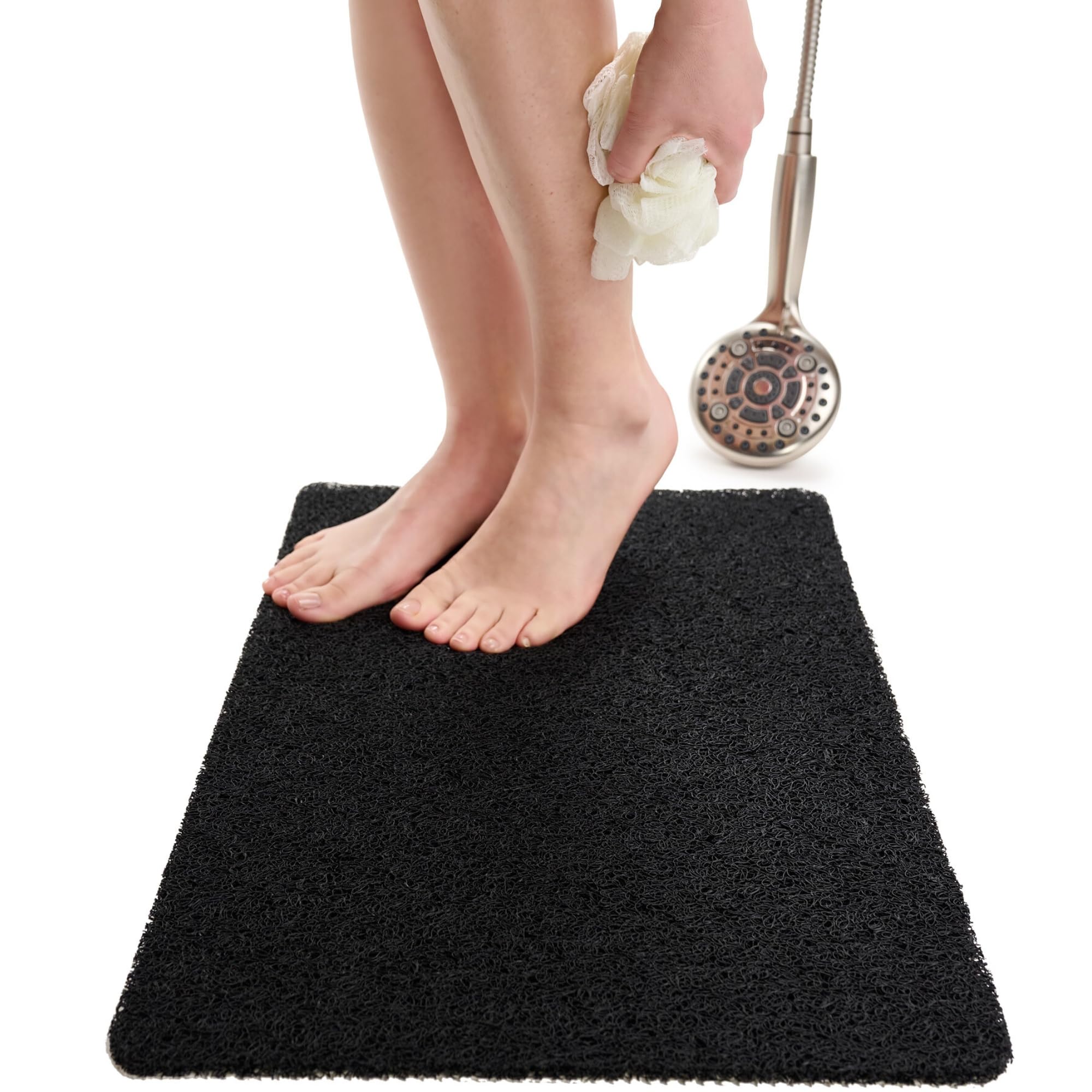 ENKOSI Loofah Non-Slip Shower and Bath Mat - Soft Cushioned Comfort - No Suction Cups for Smooth or Textured Tubs - Fast Draining - Safety for Bathroom, Family, Kids, and Elderly (24x16 Black)