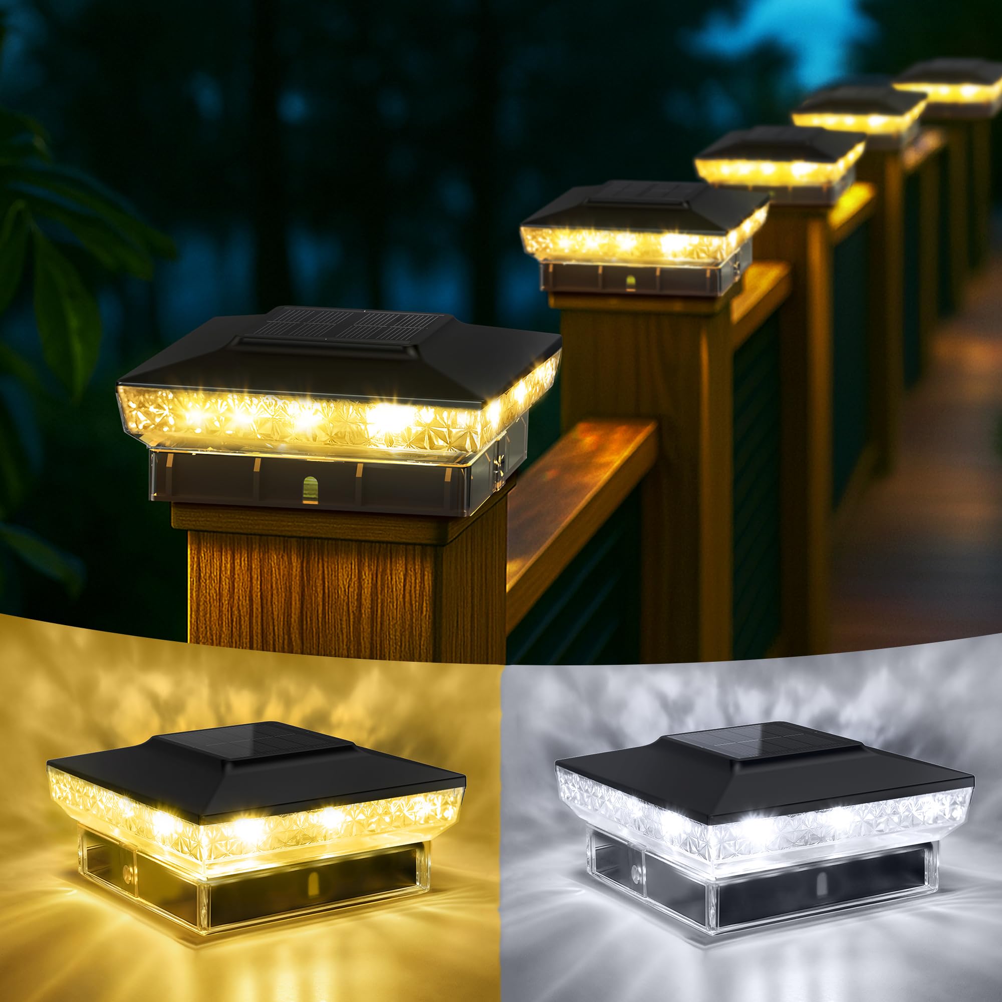 Photo 1 of KEILAIMO Solar Post Cap Lights, 16-Pack Upgraded Outdoor Deck Fence Post Solar Lights for 4x4 5x5 Wood/Vinyl Posts, IP65 Waterproof, 10-12 Hours Warm/Cool White Glow for Garden/Patio/Porch - Black