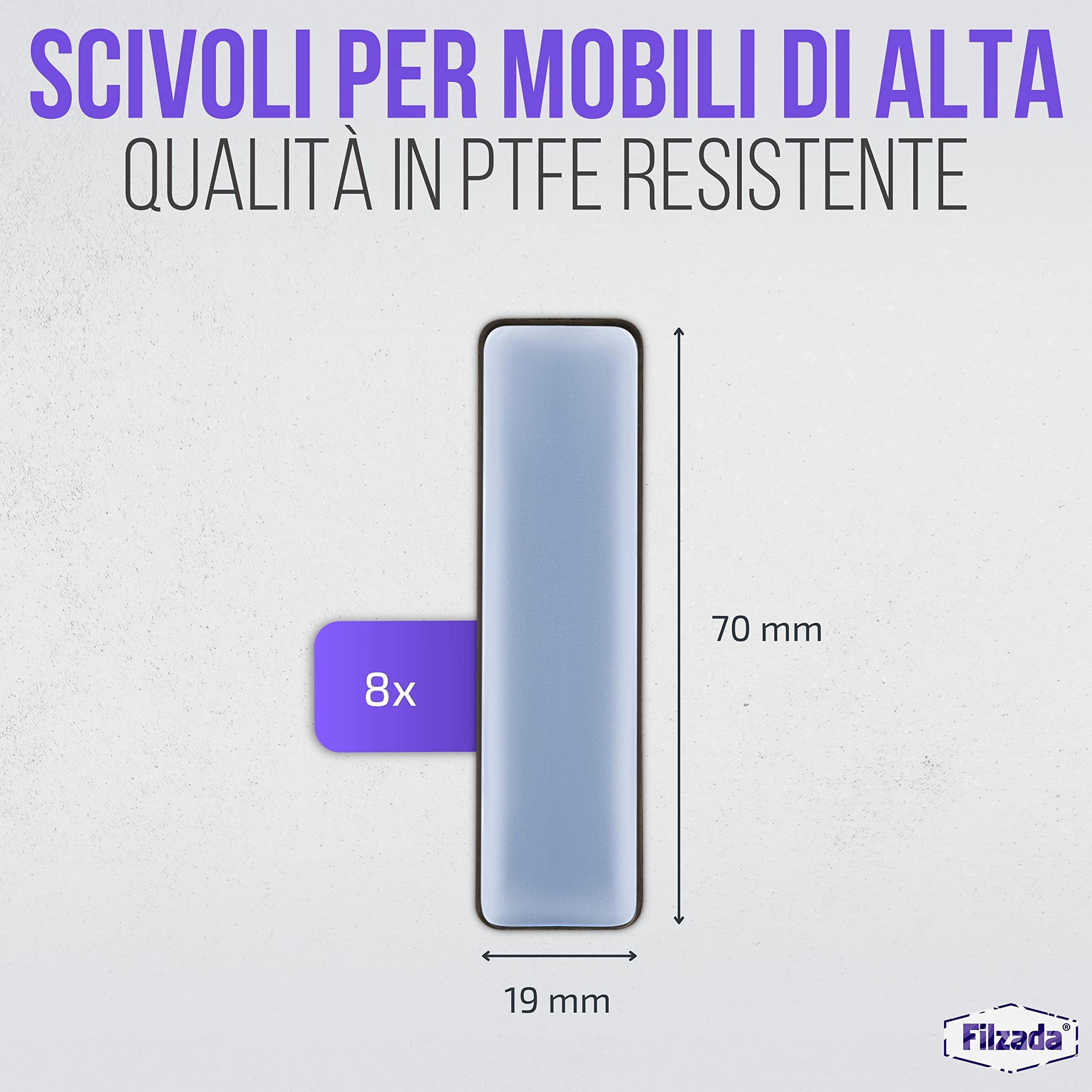 Filzada® 8x Piedini per mobili autoadesivo in Teflon - 70 x 19 mm (quadrato) - Scivoli per mobili professionali/scivoli per tappeti in PTFE (Teflon)