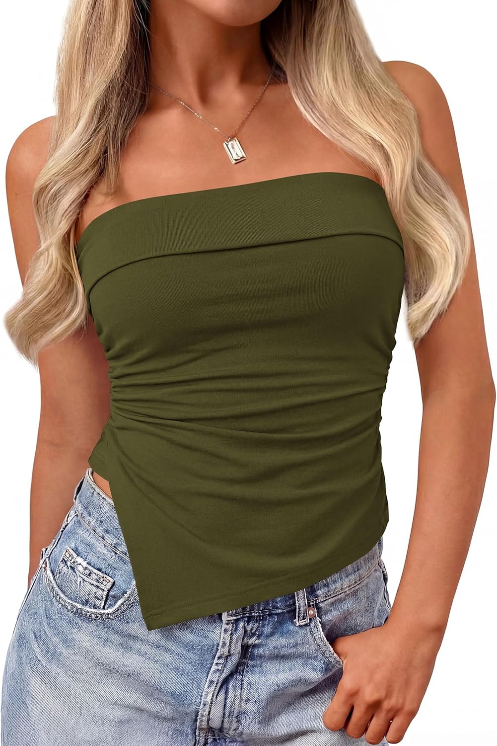 PRETTYGARDEN Going Out Tube Tops for Women Trendy Summer 2026 Asymmetrical Ruched Strapless Bandeau Shirts Spring Clothes