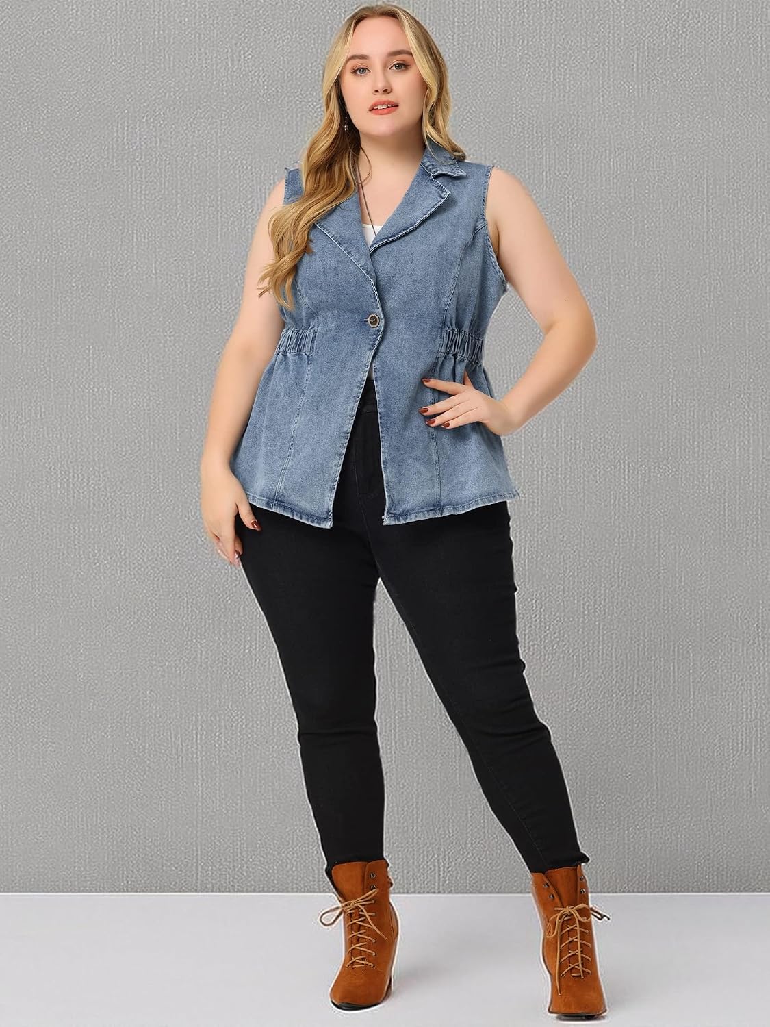 Agnes Orinda Plus Size Women's Denim Vest Sleeveless Lapel Button Elastic Waist Casual Denim Jackets Vests