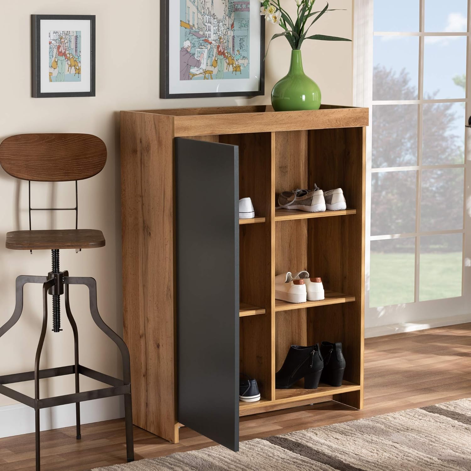 Baxton Studio Caspian Modern and Contemporary Two-Tone Grey and Oak Brown Finished Wood Shoe Cabinet