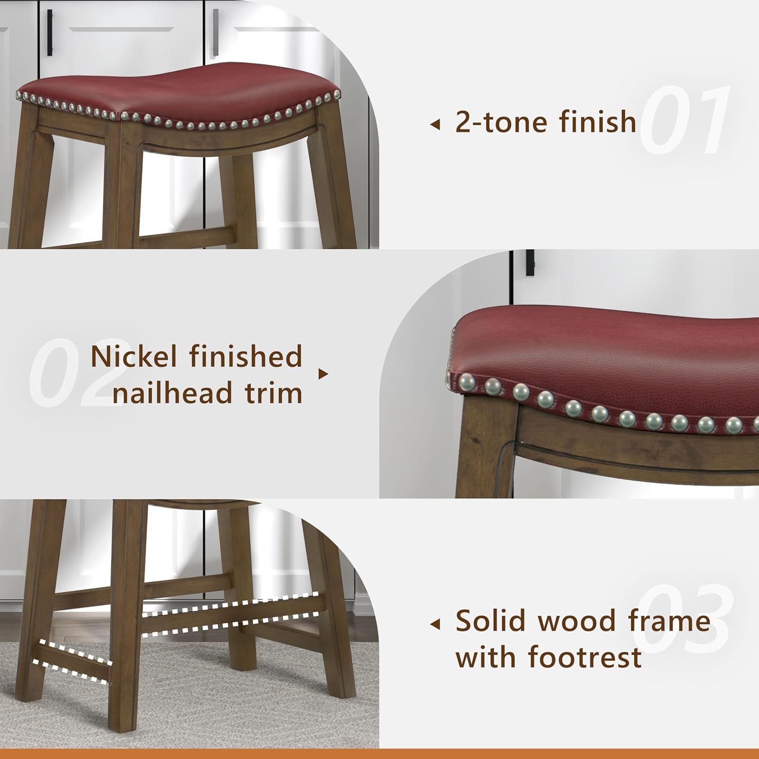 Lexicon Ordway Saddle Seat Dining Height Bar Stool with Solid Wood Frame, Faux Leather Upholstered Seat with Nailhead Trim, Table Height Backless Stool for Dining or Kitchen, 19" Seat Height, Red