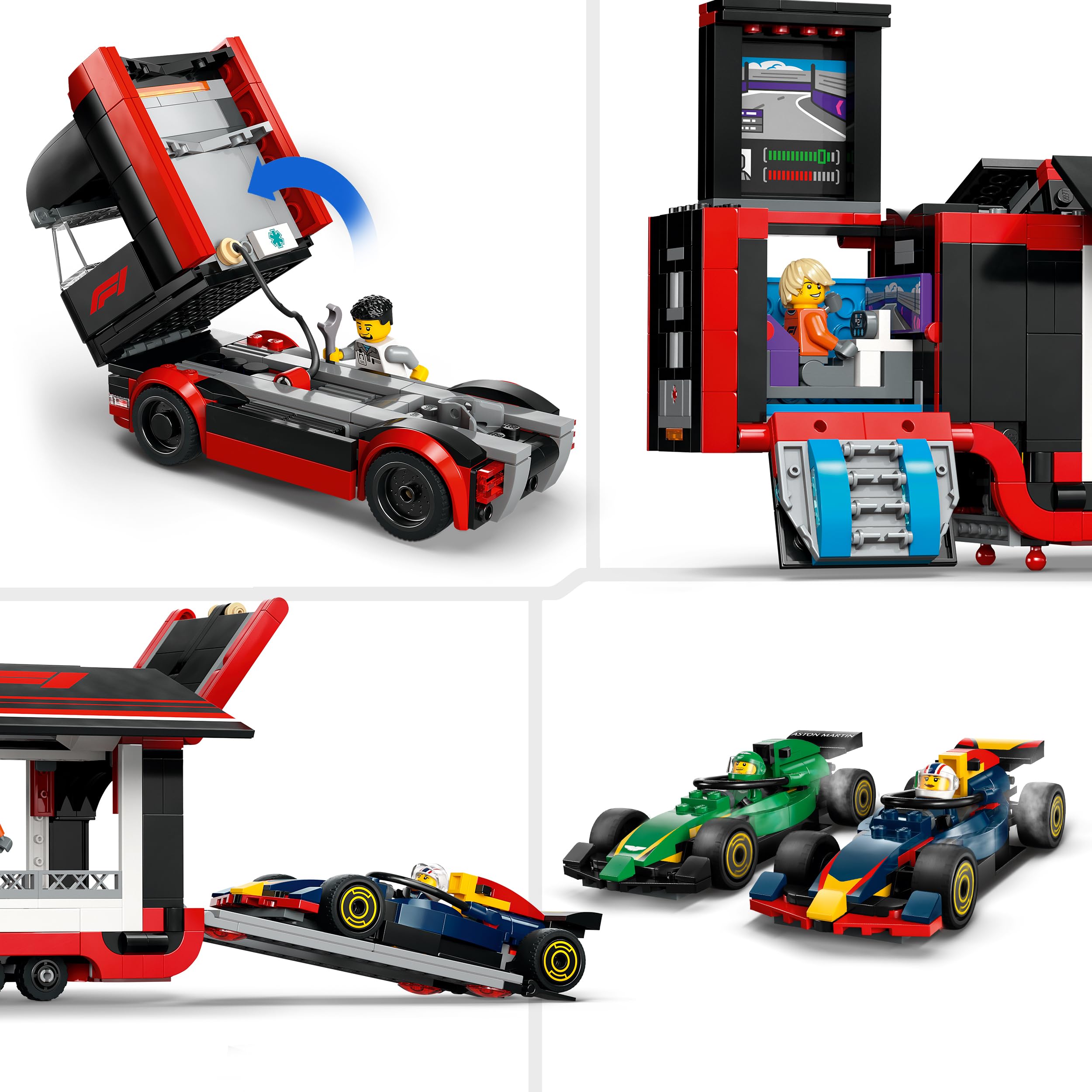 LEGO City F1 Ciężarówka z bolidami RB20 i AMR24 F1 60445 | Zabawkowa ciężarówka, zestaw klocków dla dzieci 8+, prezent dla fana F1, dla chłopca i dziewczynki, 1086 elementów