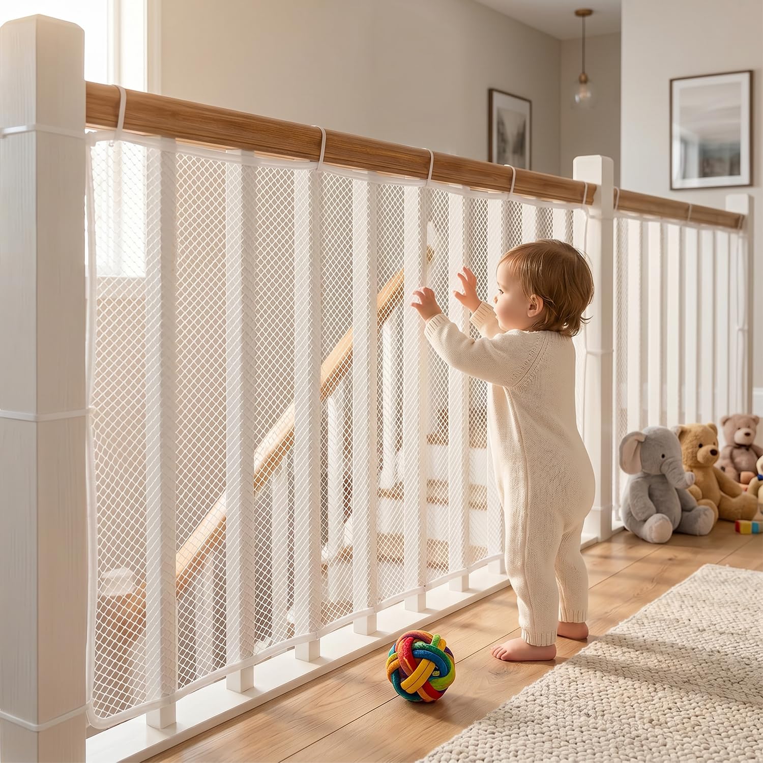 Red de seguridad infantil, rejilla de seguridad para bebés, malla de protección, barandilla, cortina de protección para escaleras y balcón para niños y gatos (2, blanco, 300 x 90 cm)