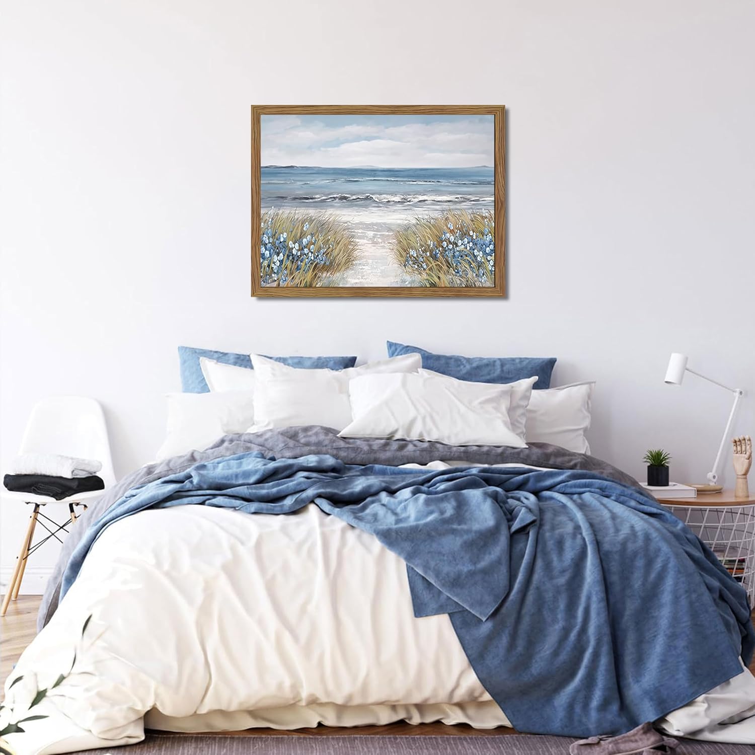 Wood Framed Coastal Beach Wall Art, Vintage Floral Ocean Landscape Canvas Wall Decor Paintings, Blue Boho Farmhouse Coastal Posters Prints Pictures for Living Room Bedroom Bathroom 16x24 Inch