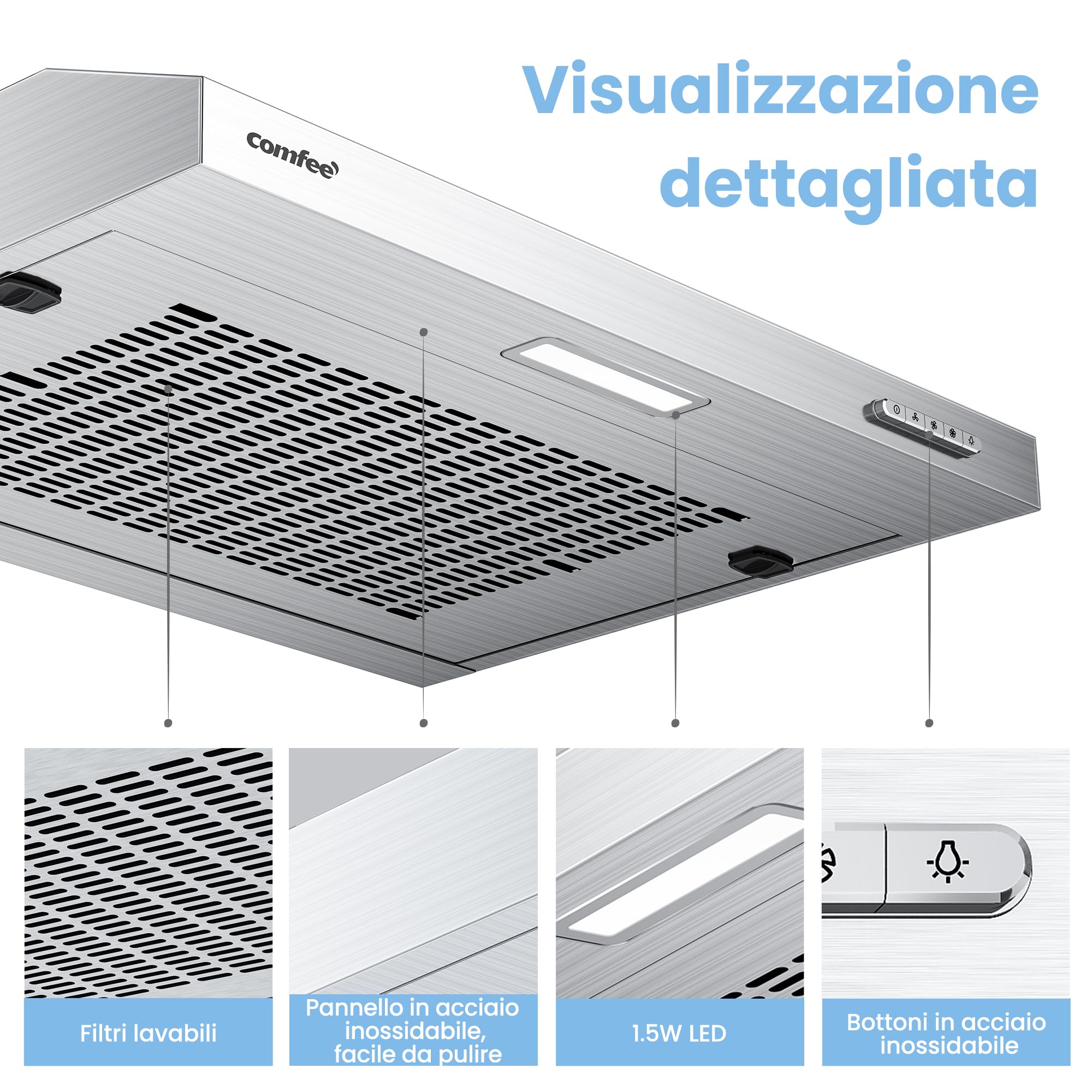 COMFEE' Aspirante 60 cm SLIF17SS-60 Cappa A LED Sottopensile Aspiratore A Parete Cappa Aspirazione Superiore 600 mm - Argento
